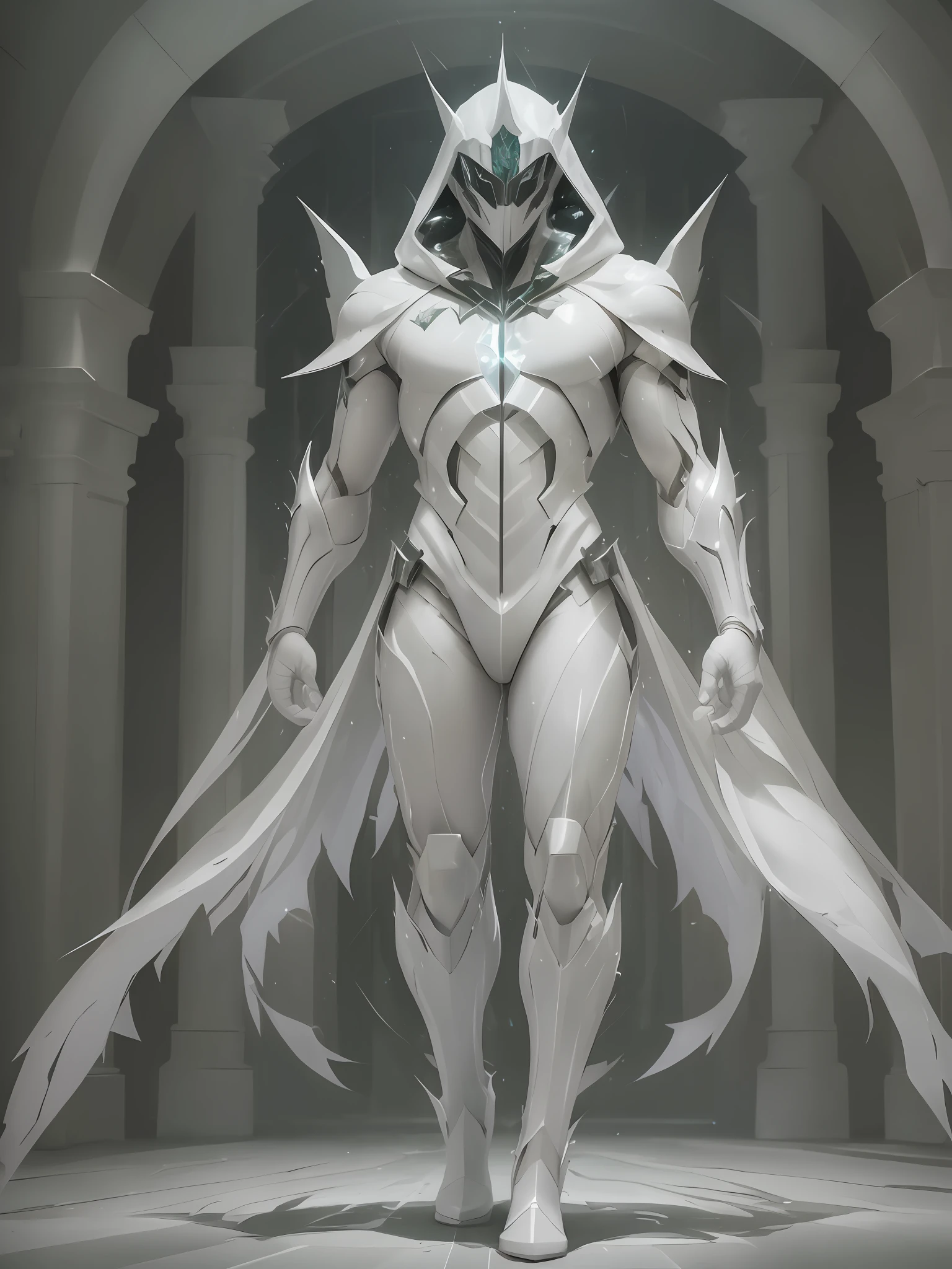 full body (white:2) green Cristal angel assassin hooded sharp cyborg man suite with cloak, mask (perfect mask:1.5) Many details, glass suite, front view (Inside night time palace portico:1.3) cinematic lighting, full body, full body, all body, front view, wide angle, cinematic lighting, ultra details, ultra resolution, ultra quality, focused, unreal engine 5, cinematic light