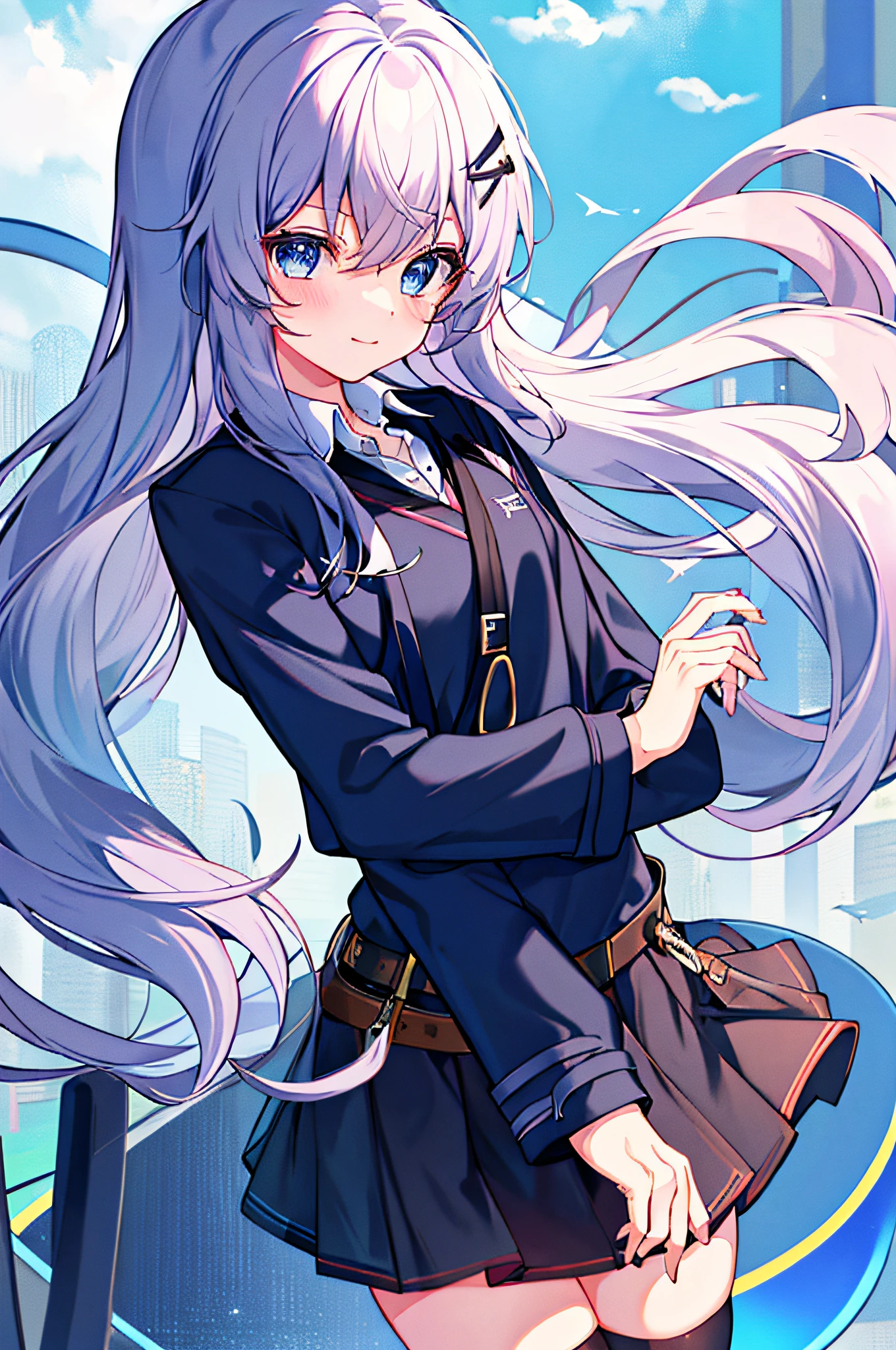 illustration,
1girl,solo,mysterious,vivid color,shiny,
expression,arms behind back,
Kiana,closed mouth, shirt, blue eyes, long sleeves, smile, black jacket, white shirt, jacket, looking at viewer,skirt, coat, hair ornament, backpack, collared shirt, polo shirt,black thighhighs,