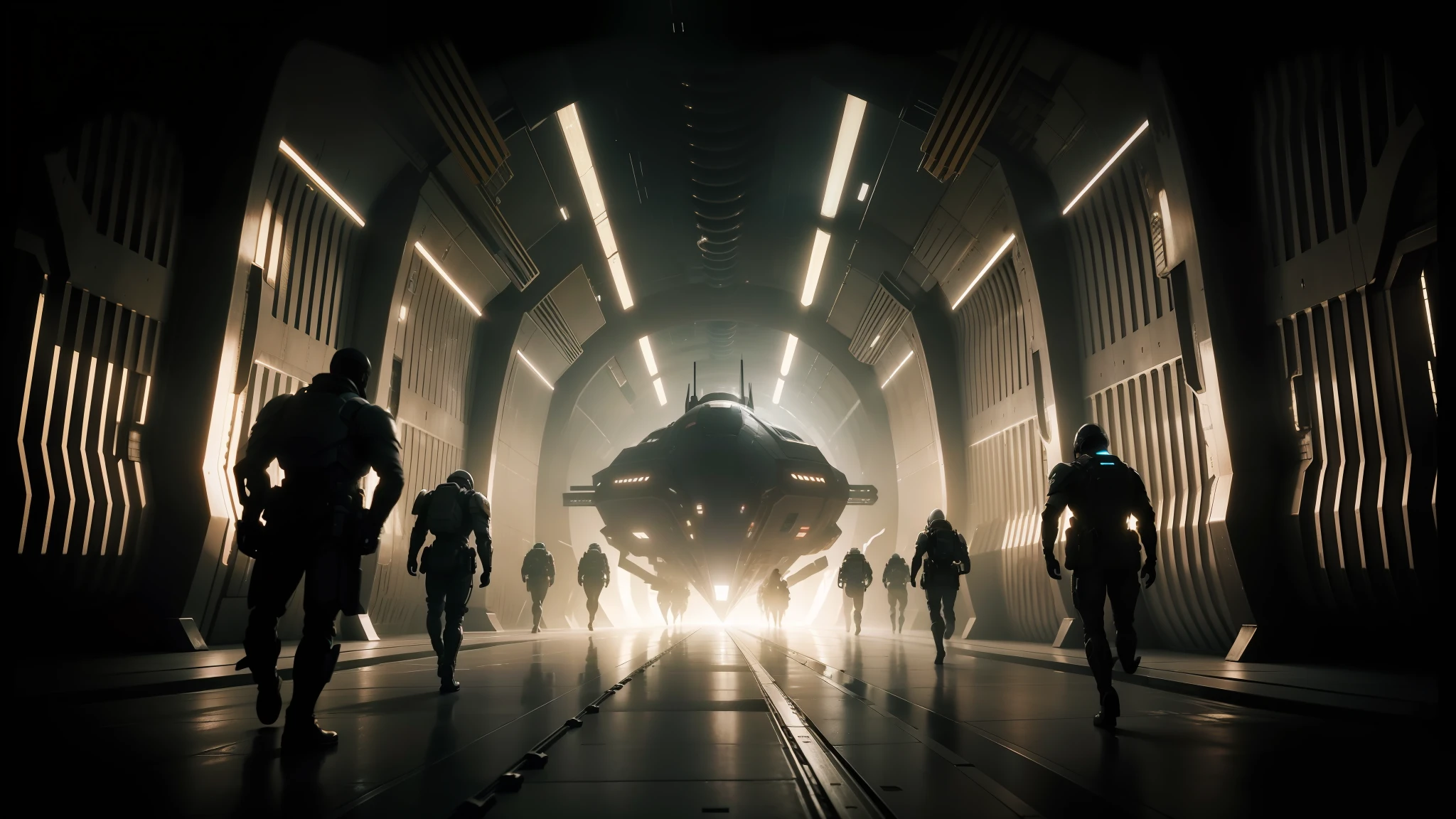 a group of people walking through a tunnel with a giant spaceship in the background, still image, from a movie 2 0 1 9 sci fi 8 k, cinematic, eve online still from the movie, an epic sci-fi movie, an epic sci-fi movie scientific, an epic scene of a spaceship --auto --s2