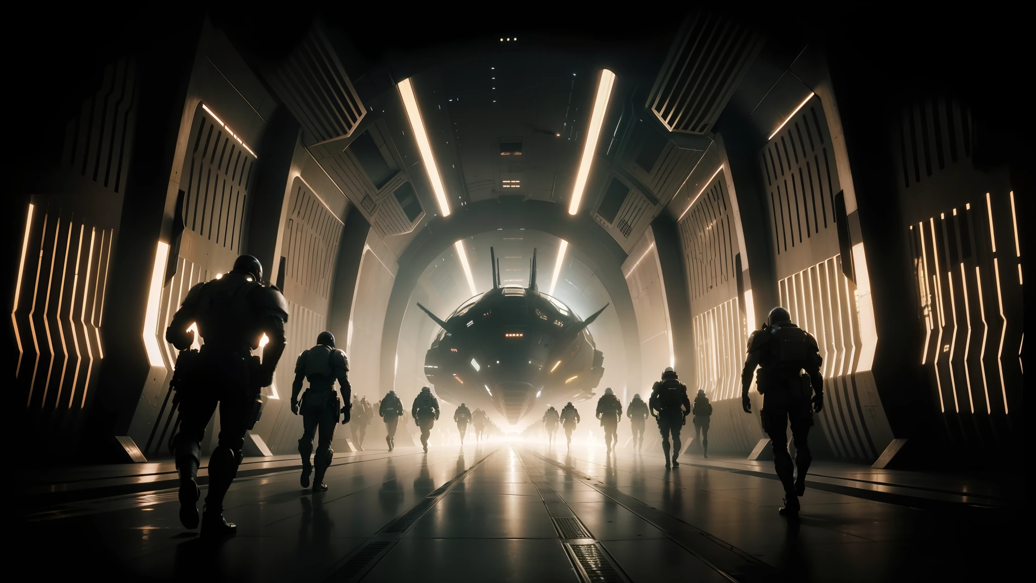 a group of people walking through a tunnel with a giant spaceship in the background, still image, from a movie 2 0 1 9 sci fi 8 k, cinematic, eve online still from the movie, an epic sci-fi movie, an epic sci-fi movie scientific, an epic scene of a spaceship --auto --s2