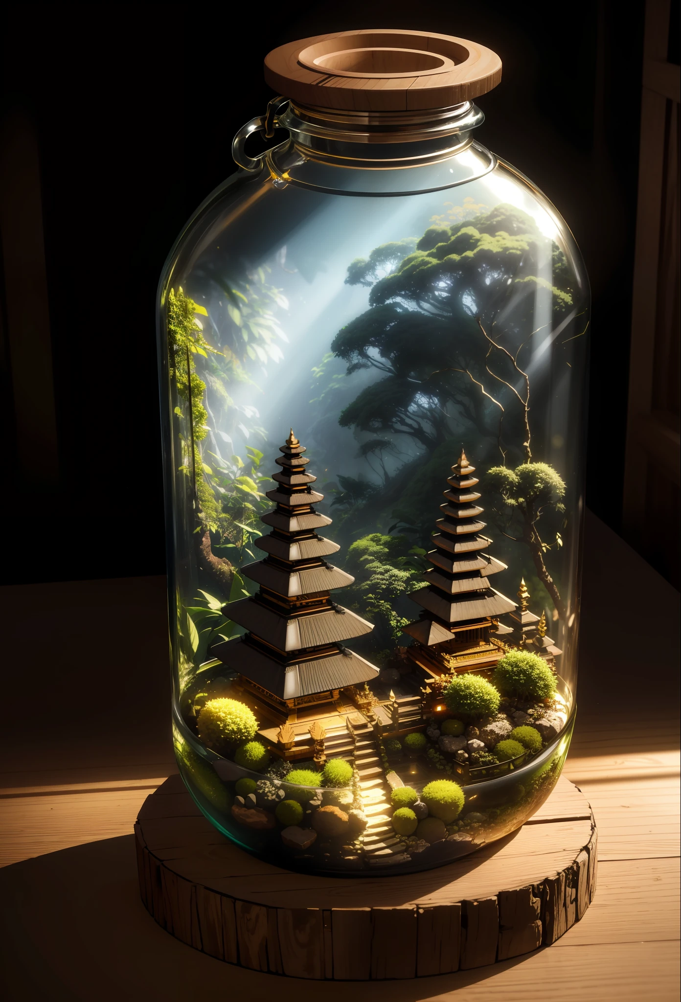 (An intricate Bali forest minitown landscape trapped in a bottle), atmospheric oliva lighting, on the  table, 4k UHD, dark vibes, hyper detailed, vibrant colours, epic composition, octane render, sharp focus, high resolution isometric