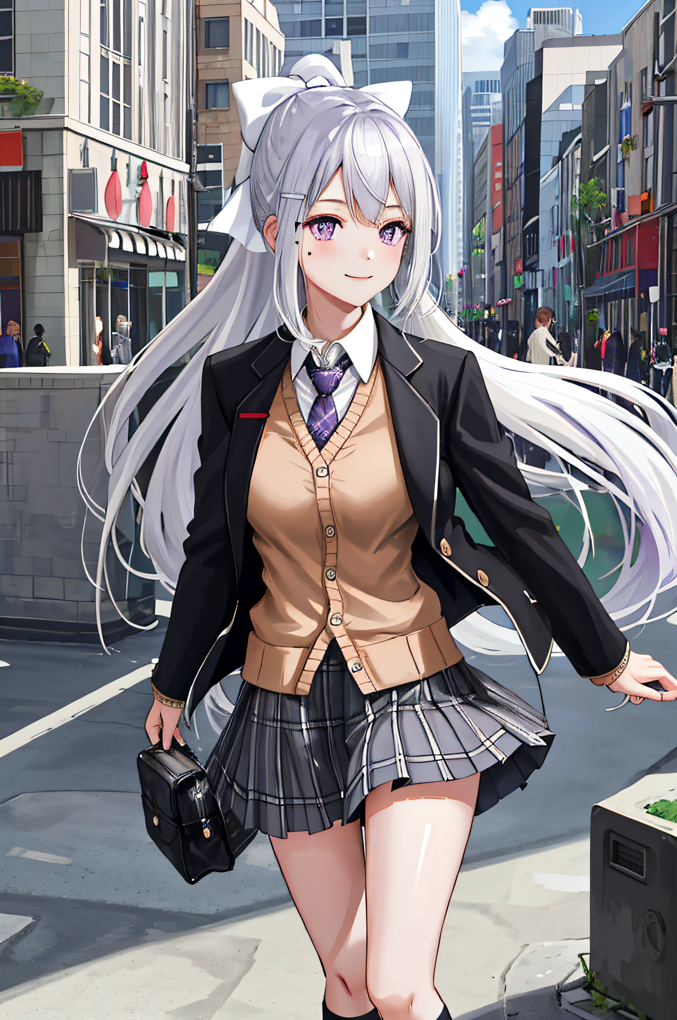 Masterpiece, Best Quality, High Resolution, Kaede Higuchi, 1girl, Virtual YouTuber, Solo, Long Hair, Mole Under Eyes, Skirt, Tie, Jacket, Purple Eyes, Socks, Ponytail, Hair Accessories, White Bow, Blazer, Very Long Hair, Purple Tie, Pleated Skirt, White Socks, Hairpins, Open Clothes, Cardigan, School Uniform, Knee-Length Pants, White Hair, Black Jacket, Shirt, Collared Shirt, Plaid Jacket, Plaid Jacket, Bunches, Plaid Skirt, Miniskirt, Tachi- e、White shirt, long sleeves, gray skirt, bursting breasts, plaid tie, standing posture, denim photo, smile,