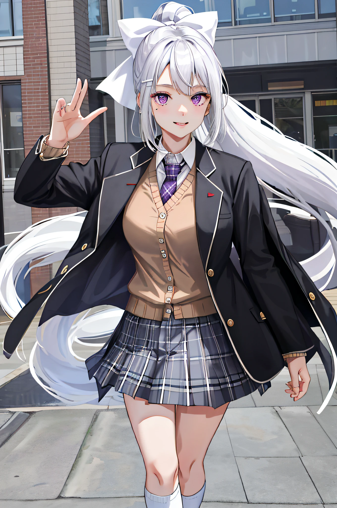 Masterpiece, Best Quality, High Resolution, Kaede Higuchi, 1girl, Virtual YouTuber, Solo, Long Hair, Mole Under Eyes, Skirt, Tie, Jacket, Purple Eyes, Socks, Ponytail, Hair Accessories, White Bow, Blazer, Very Long Hair, Purple Tie, Pleated Skirt, White Socks, Hairpins, Open Clothes, Cardigan, School Uniform, Knee-Length Pants, White Hair, Black Jacket, Shirt, Collared Shirt, Plaid Jacket, Plaid Jacket, Bunches, Plaid Skirt, Miniskirt, Tachi- e、White shirt, long sleeves, gray skirt, bursting breasts, plaid tie, standing posture, denim photo, smile,