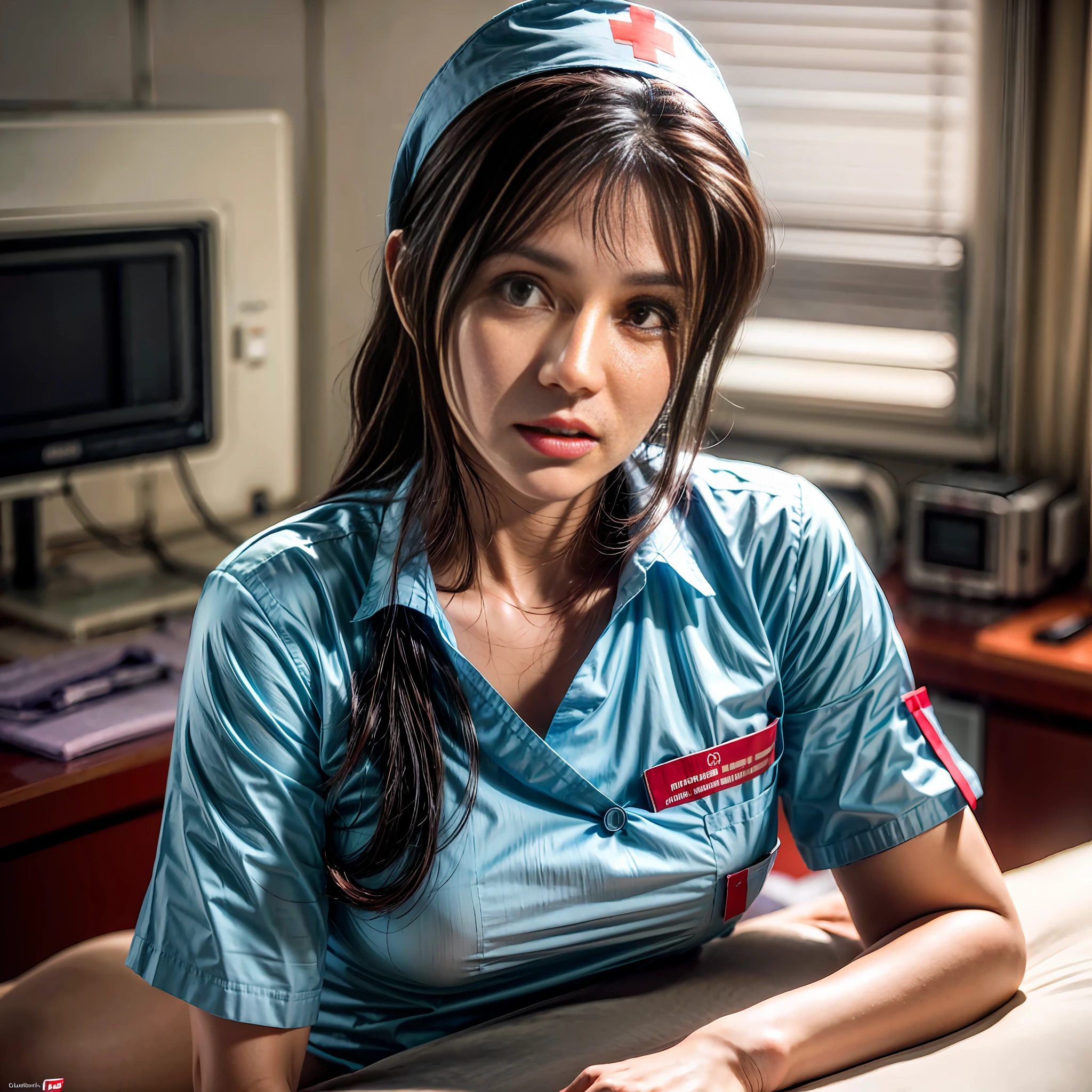 sexy indian mother wearing nurse uniform in an operation room, (extremely detailed CG unity 8k wallpaper),face incredibly detailed, lips, realistic, solo,medium breasts,skin tight, puffy, facial, masterpiece,best quality, Intricate, High Detail, dramatic,