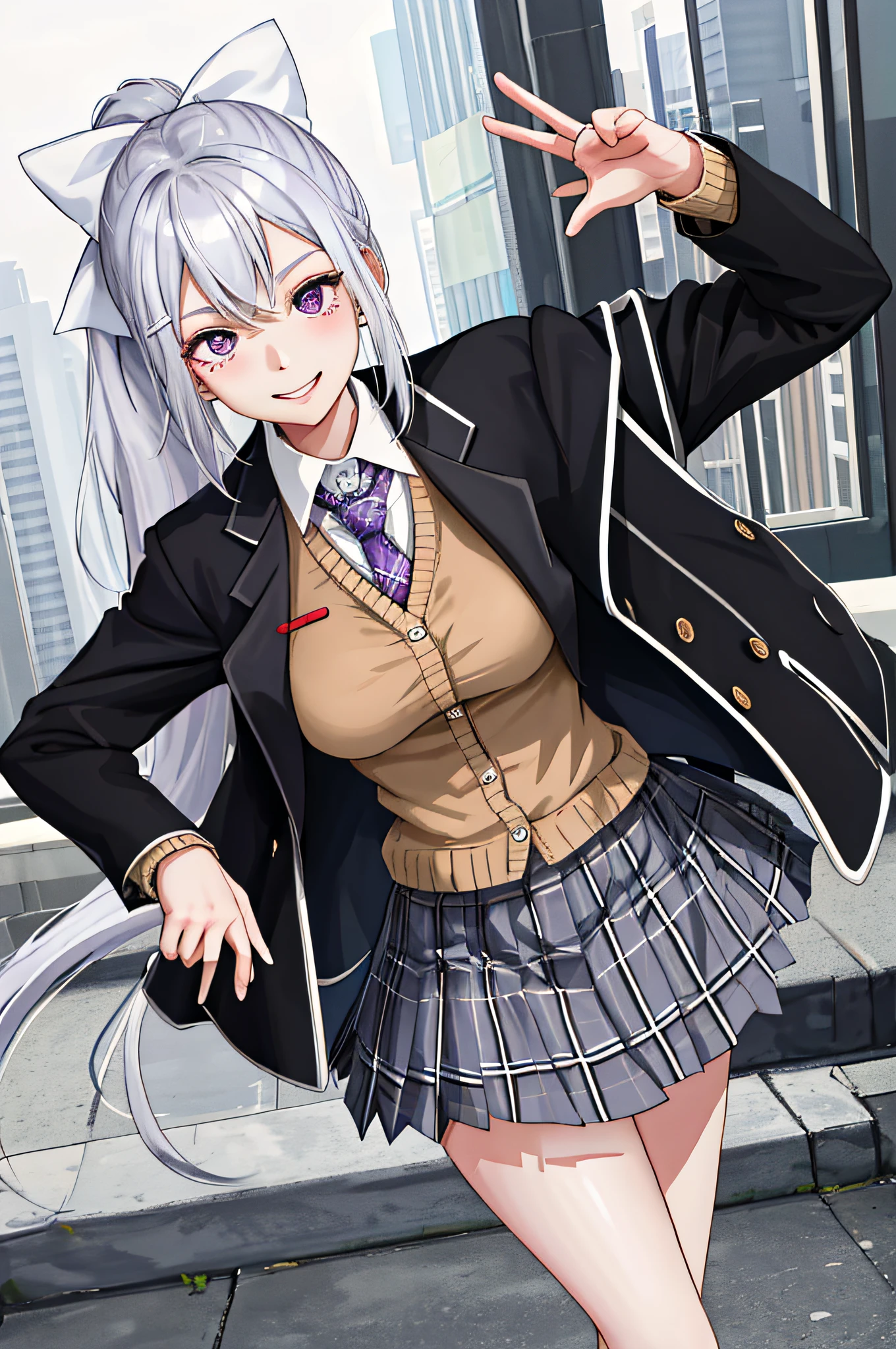 Masterpiece, Best Quality, High Resolution, Kaede Higuchi, 1girl, Virtual YouTuber, Solo, Long Hair, Mole Under Eyes, Skirt, Tie, Jacket, Purple Eyes, Socks, Ponytail, Hair Accessories, White Bow, Blazer, Very Long Hair, Purple Tie, Pleated Skirt, White Socks, Hairpins, Open Clothes, Cardigan, School Uniform, Knee-Length Pants, White Hair, Black Jacket, Shirt, Collared Shirt, Plaid Jacket, Plaid Jacket, Bunches, Plaid Skirt, Miniskirt, Tachi- e、White shirt, long sleeves, gray skirt, bursting breasts, plaid tie, standing posture, denim photo, smile,