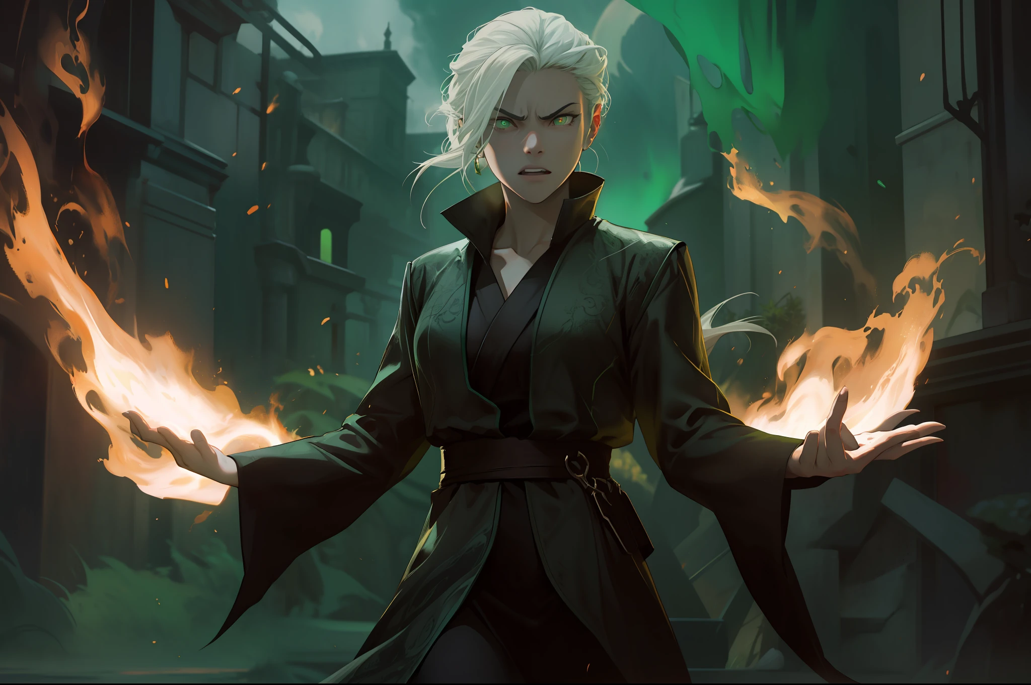 very angry, Villain, female soccerer, dark robes, hands burning in green flames and green fires,