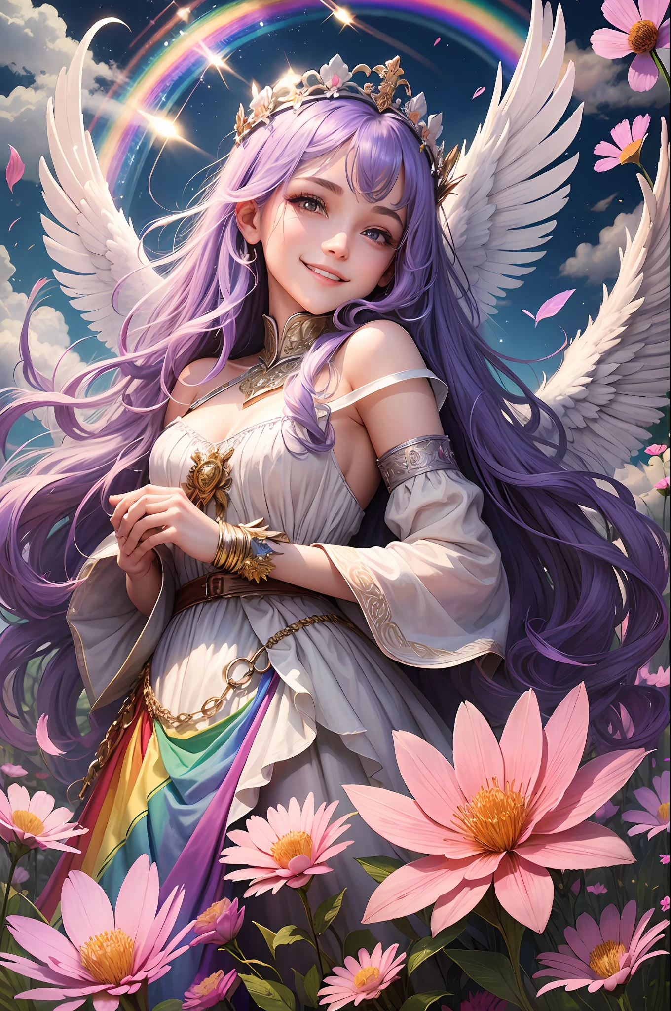 Always with angels, security, security, happiness, radiance, light, fantastic, flowers, rainbow, glitter, smile, feathers, heaven, heaven, medieval --auto --s2