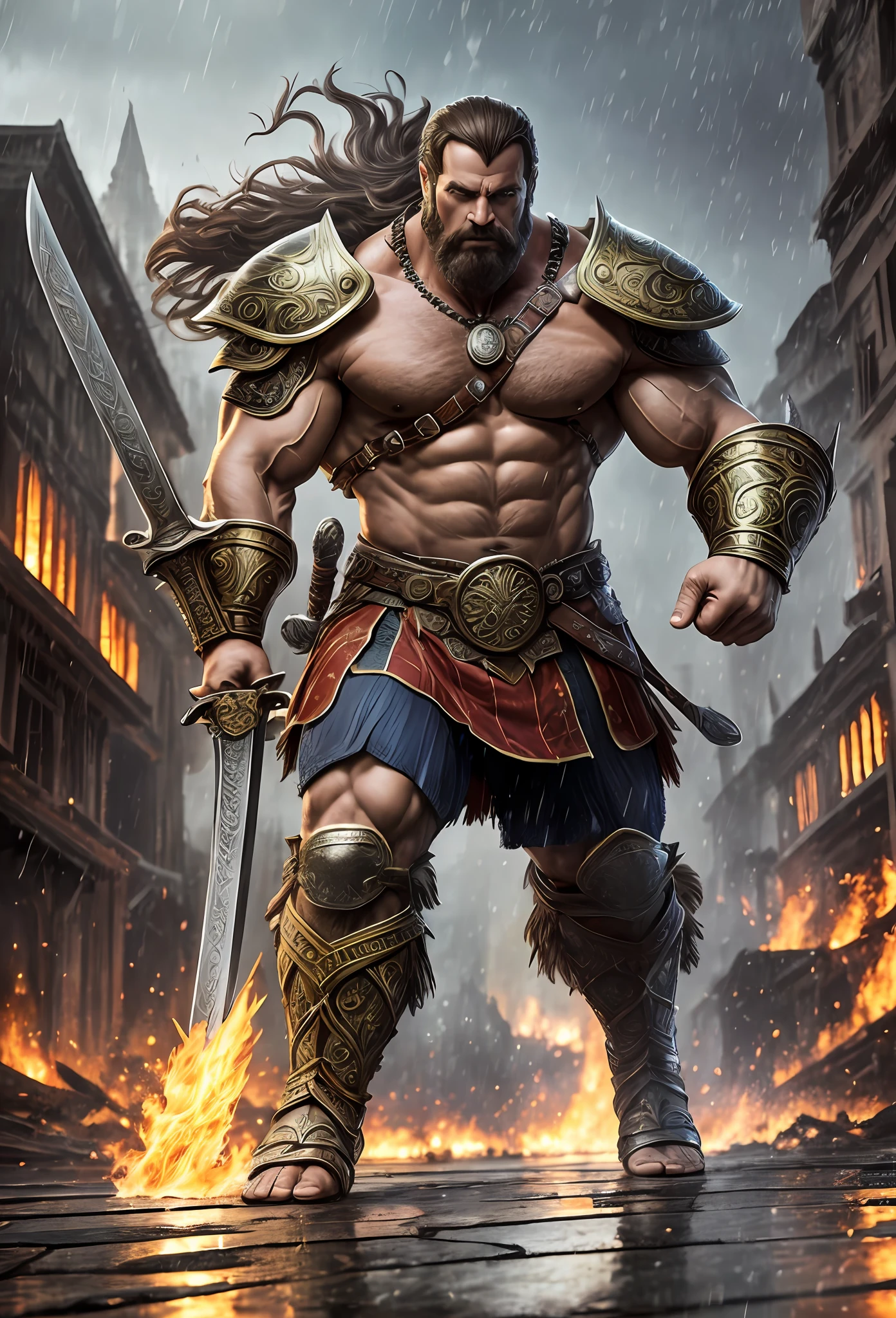 masterpiece, detailed, intricate, epic fantasy, colorful, full body, slight angle, man, 40 years old, hulking, brawny, fitted, ankle wraps, very hairy torso, big strong hands, fine detailed, running, intense action, dynamic juxtaposition, skimpy revealing slavery outfit, receding hairline, smirk, gladiator, with a sword, blades, big ancient city on fire in the background, heavy rain, smoggy, pointing away, depth of field, particle effects, high quality shadows, intense action --auto --s2