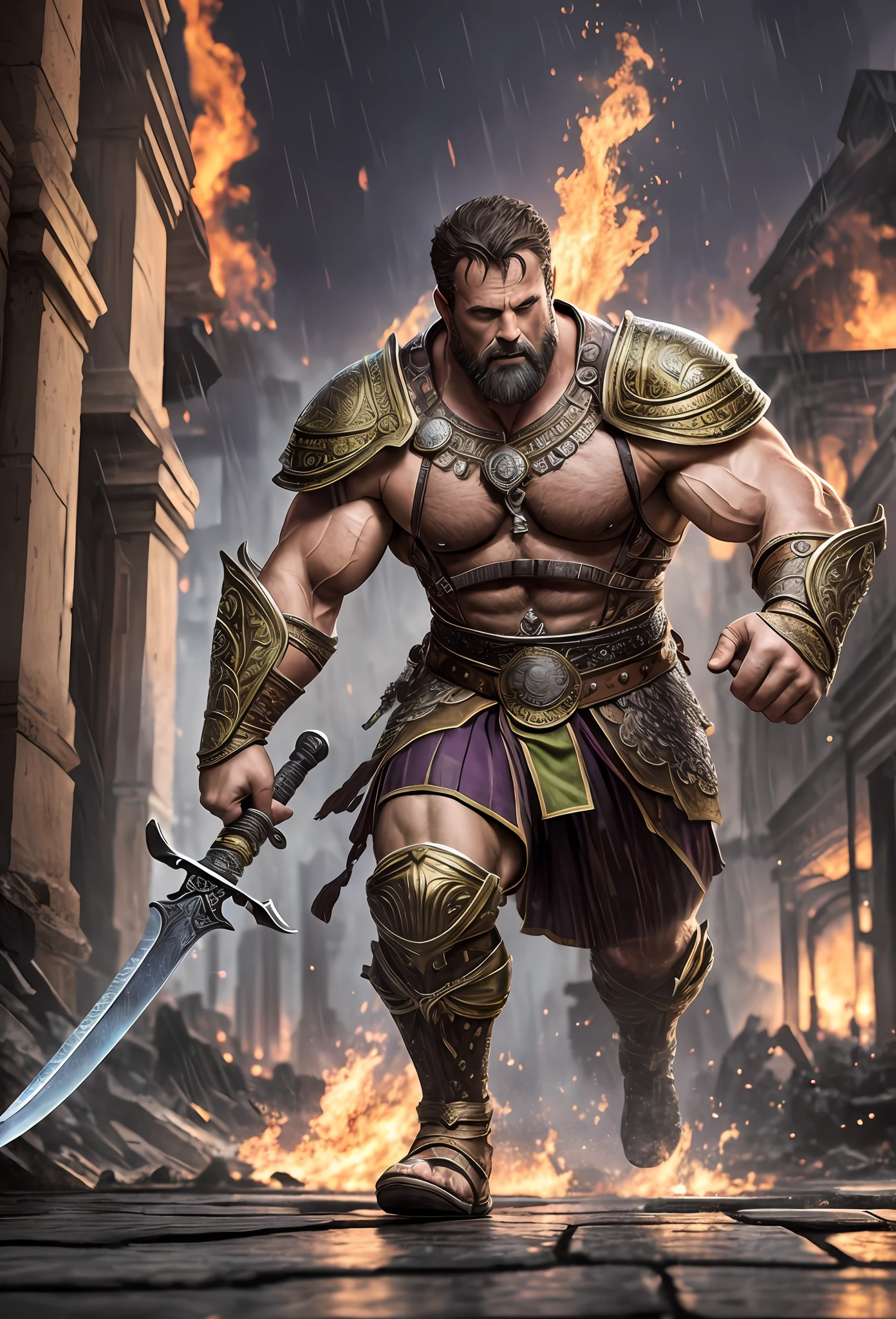 masterpiece, detailed, intricate, epic fantasy, colorful, full body, slight angle, man, 40 years old, hulking, brawny, fitted, ankle wraps, very hairy torso, big strong hands, fine detailed, running, intense action, dynamic juxtaposition, skimpy revealing slavery outfit, receding hairline, smirk, gladiator, with a sword, blades, big ancient city on fire in the background, heavy rain, smoggy, pointing away, depth of field, particle effects, high quality shadows, intense action --auto --s2