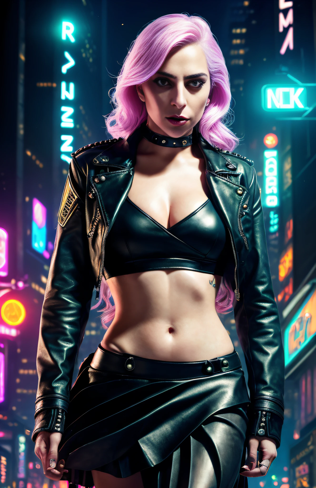 lady gaga, Best quality, realistic, realistic, award-winning illustration, (complicated detail: 1.2), (fine detail), (complicated detail), (cinematic lights, best quality backlight), sharp lines, sharp focus, official art, unit 8k wallpaper, absurd, unbelievably absurd, huge file size, ultra- (in_main_street:1.21), (neon lamp), fantasy art, rtx,((triangle closeup photo by award-winning studio)), 1girl, very pretty, (shut up), small breasts, ((Cyberpunk city Street, Battle Maiden)), perfect hands, beautiful detailed eyes, Perfect Face, (Cyberpunk blouse, leather jacket, Martin boots) ,,(headphones_around_hair),((pleated skirt) ), ((supermodel pose)),