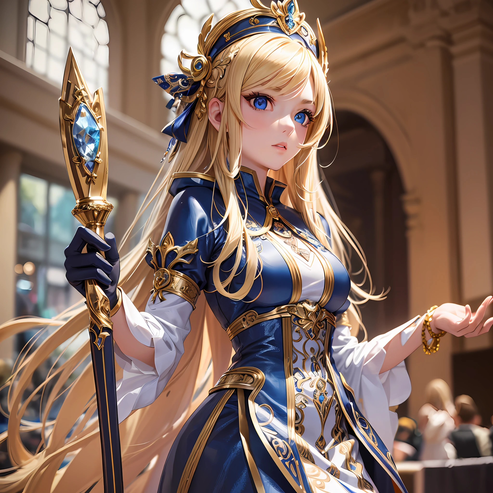 beautiful detailed eyes, highly detailed skin, extremely delicate, best quality, ultra-detailed, masterpiece, finely detail, Girl, cosplay enthusiast, creative, holding a prop, standing, looking away, (slender frame:1.1), blue eyes, (long blonde hair:1.2), cosplay outfit, (thigh-high boots:1.3), multiple bracelets, in a convention center.