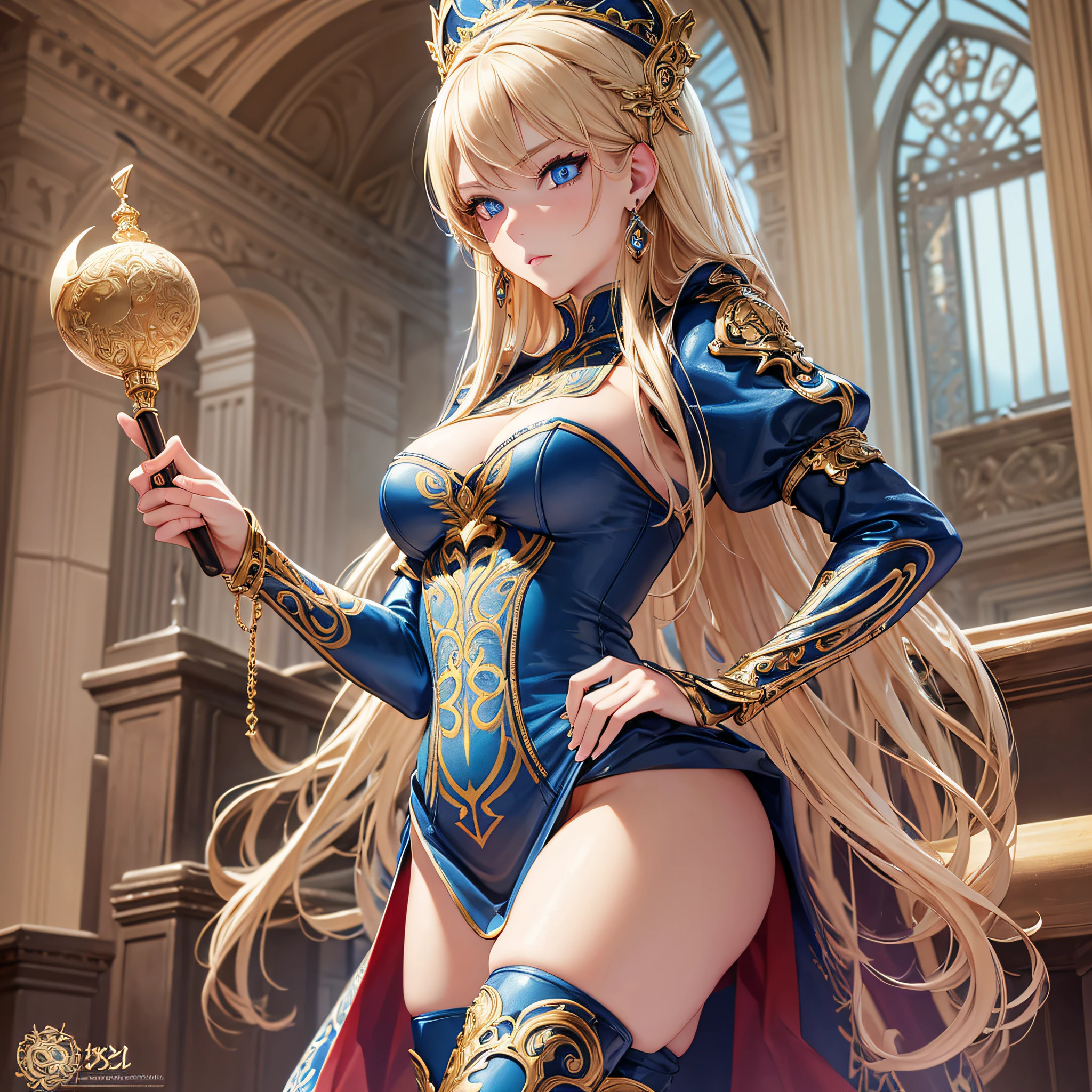 beautiful detailed eyes, highly detailed skin, extremely delicate, best quality, ultra-detailed, masterpiece, finely detail, Girl, cosplay enthusiast, creative, holding a prop, standing, looking away, (slender frame:1.1), blue eyes, (long blonde hair:1.2), cosplay outfit, (thigh-high boots:1.3), multiple bracelets, in a convention center.