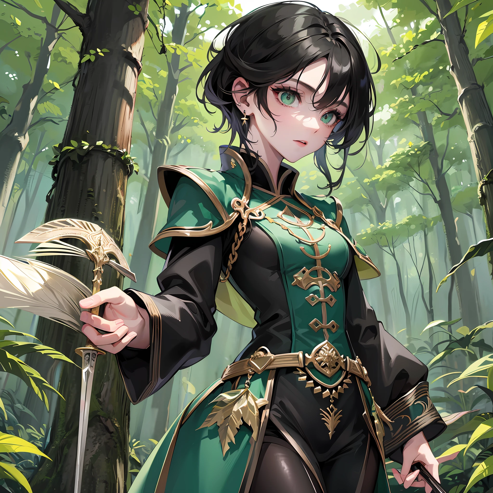 beautiful detailed eyes, highly detailed skin, extremely delicate, beautiful girls,best quality, ultra-detailed, masterpiece, finely detail, Boy, demon slayer, determined, holding a sword, standing, ready to attack, (slender frame:1.1), green eyes, (short black hair:1.2), black and green uniform, (black boots:1.1), earrings, in a forest.