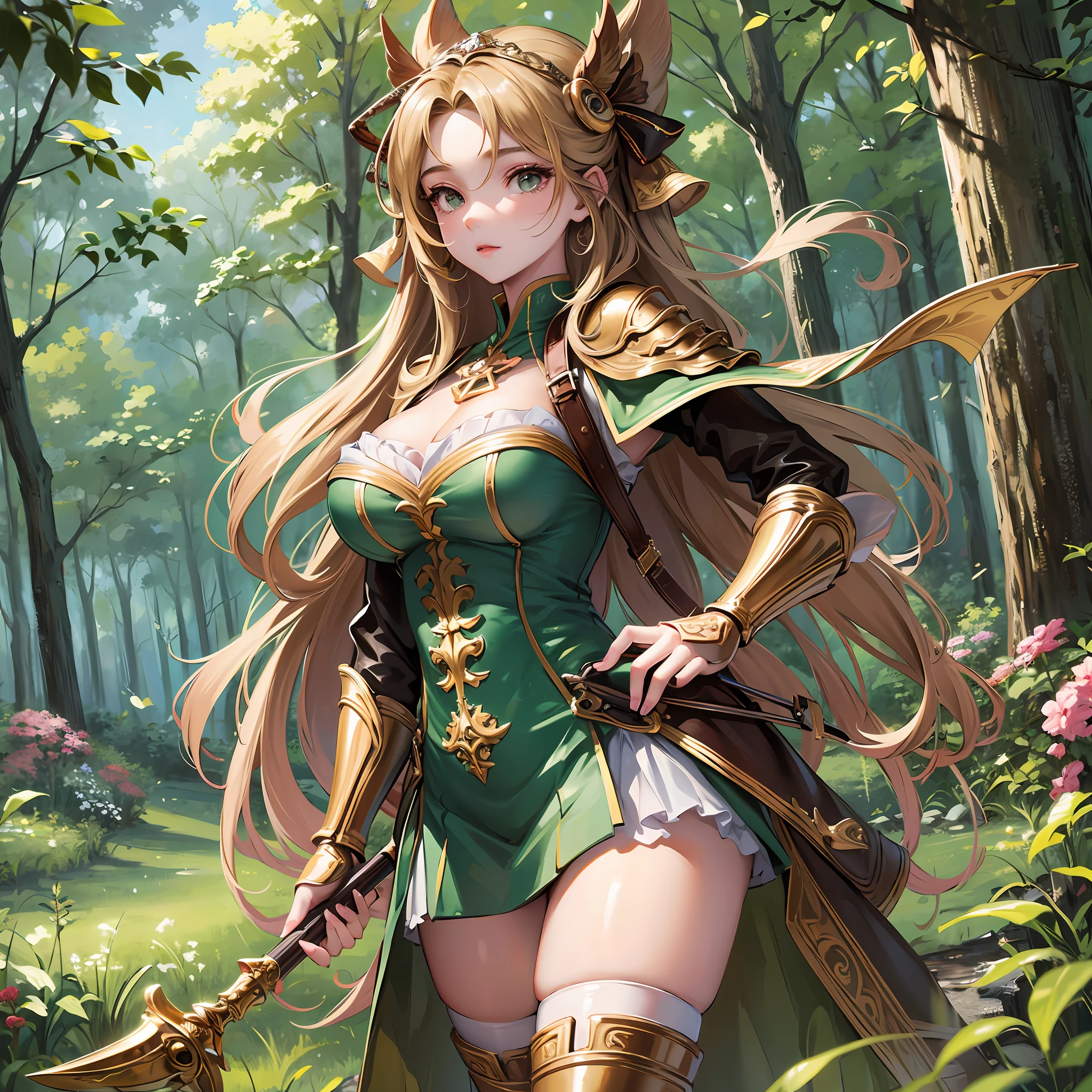 beautiful detailed eyes, highly detailed skin, extremely delicate, beautiful girls,best quality, ultra-detailed, masterpiece, finely detail, Girl, marksman, skilled, aiming with a bow, standing, legs apart, (curvy figure:1.2), hourglass shape, brown eyes, (long blonde hair:1.1), green and brown outfit, (knee-high boots:1.3), quiver of arrows on her back, in a woodland setting.