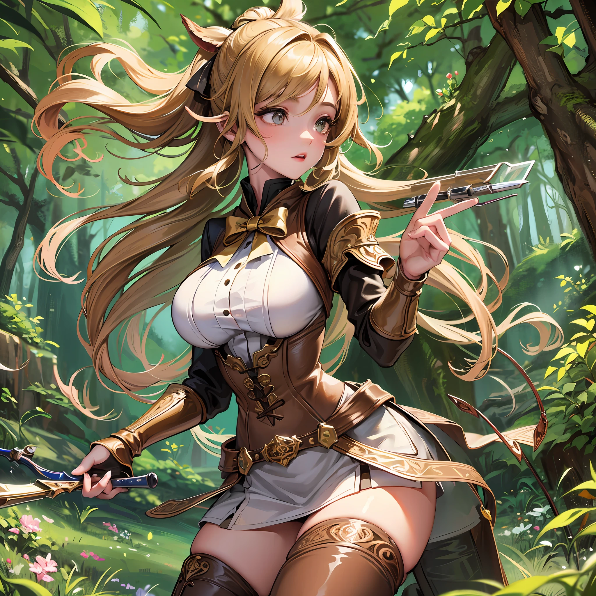 beautiful detailed eyes, highly detailed skin, extremely delicate, beautiful girls,best quality, ultra-detailed, masterpiece, finely detail, Girl, marksman, skilled, aiming with a bow, standing, legs apart, (curvy figure:1.2), hourglass shape, brown eyes, (long blonde hair:1.1), green and brown outfit, (knee-high boots:1.3), quiver of arrows on her back, in a woodland setting.