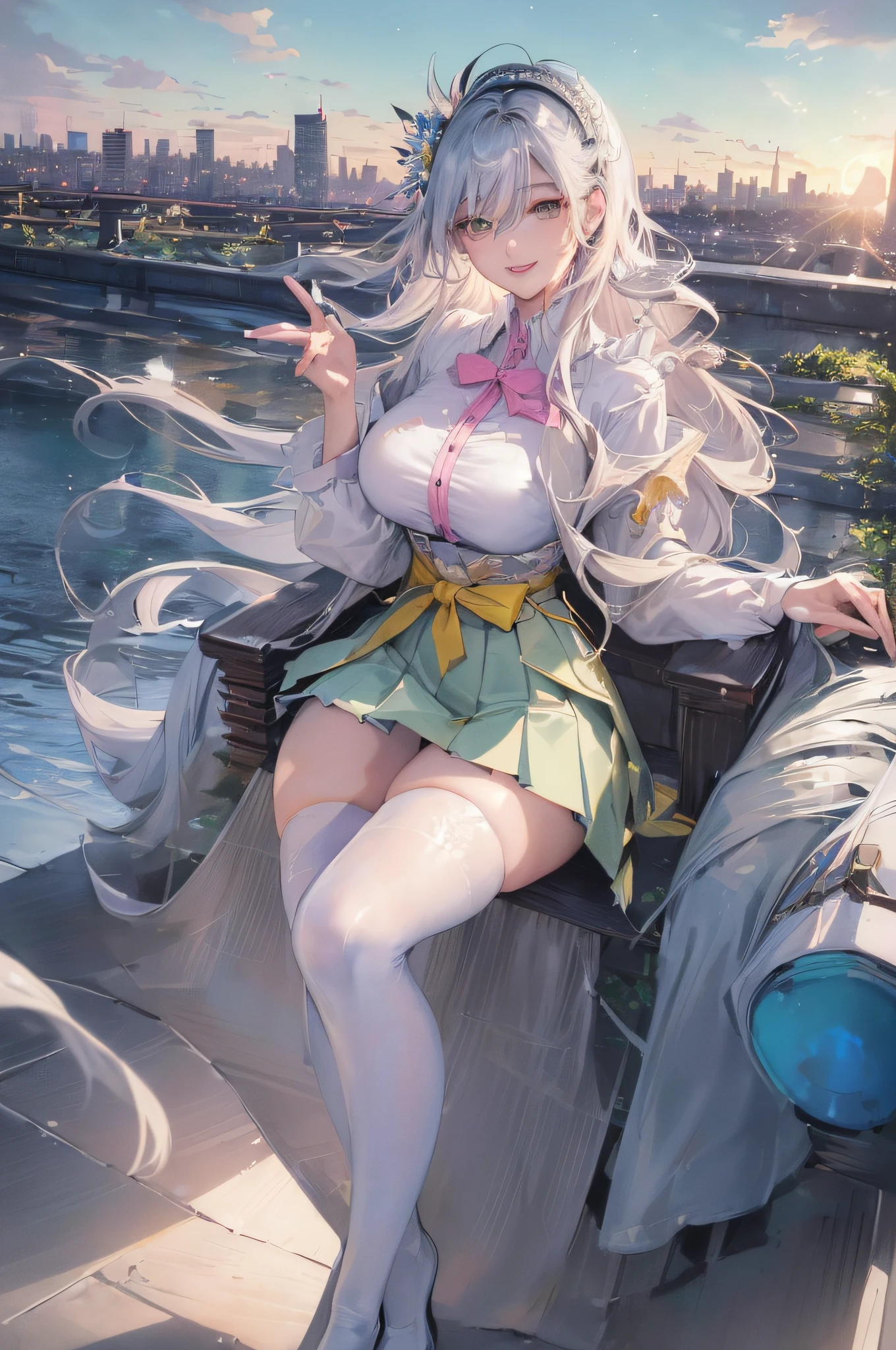 official art, masterpiece, sharp focus, (beautiful gorgeous cute Korean woman:1.3), (beautiful cute korean:1.3), korean beauty, Delicate and beautiful hair and eyes and face, realistic, ultra detailed, beautiful girl, blue sky, glow white particle, (sidelighting:1.2), sun light, white cloud, detailed clouds, slender, Lovely very large breasts and very large hips, smile with teeth, ((smile with eyes, open both eyes)), scenery, long straight hair, sexy facial expression, building, (cityscape:1.7), dynamic hair, very long straight hair, detailed platinum silver hair, glow green eyes, (pink pleated shirts + yellow skirt), white long socks, pale skin, hair ornament, epic scenery,