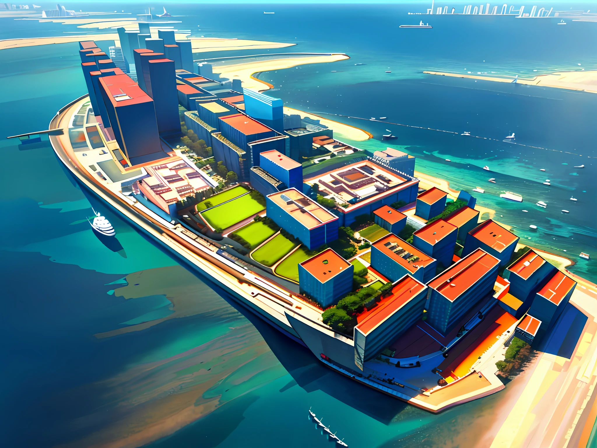 Photography, total area: aerial view of the island of 63000m2, isolated island with no land around, a cluster of skyscrapers covering the island, modern urban landscape, large ship harbor, beautiful yacht harbor, beautiful island with a white landscape all around, a large number of yachts floating in the sea. Photorealistic, Masterpiece, Best Quality, Ultra Detail, HDR, 8K