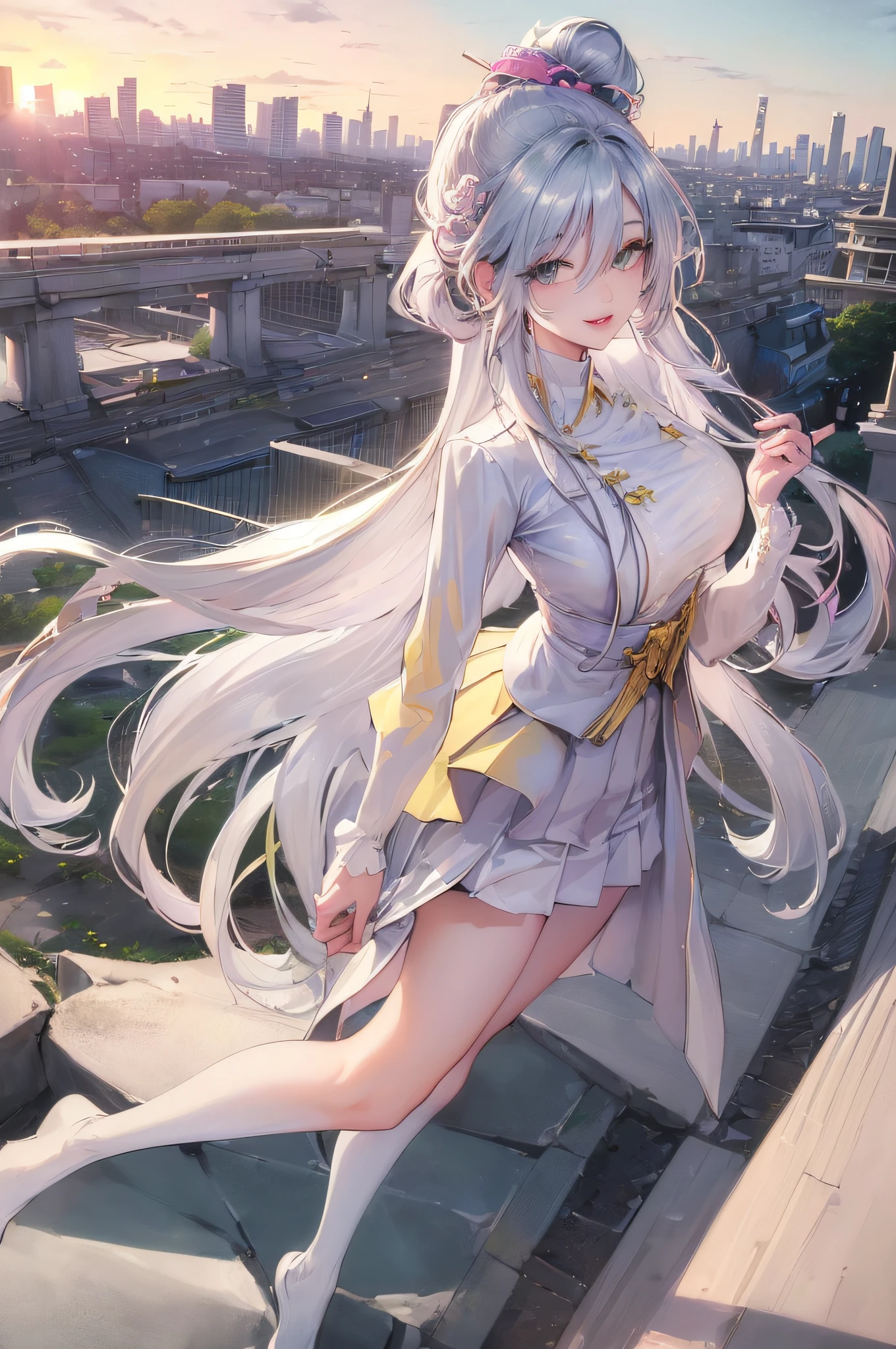 official art, masterpiece, sharp focus, (beautiful gorgeous cute Korean woman:1.3), (beautiful cute korean:1.3), korean beauty, Delicate and beautiful hair and eyes and face, realistic, ultra detailed, beautiful girl, blue sky, glow white particle, (sidelighting:1.2), sun light, white cloud, detailed clouds, slender, Lovely very large breasts and very large hips, smile with teeth, ((smile with eyes, open both eyes)), scenery, long straight hair, sexy facial expression, building, (cityscape:1.7), dynamic hair, very long straight hair, detailed platinum silver hair, glow green eyes, (pink pleated shirts + yellow skirt), white long socks, pale skin, hair ornament, epic scenery,
