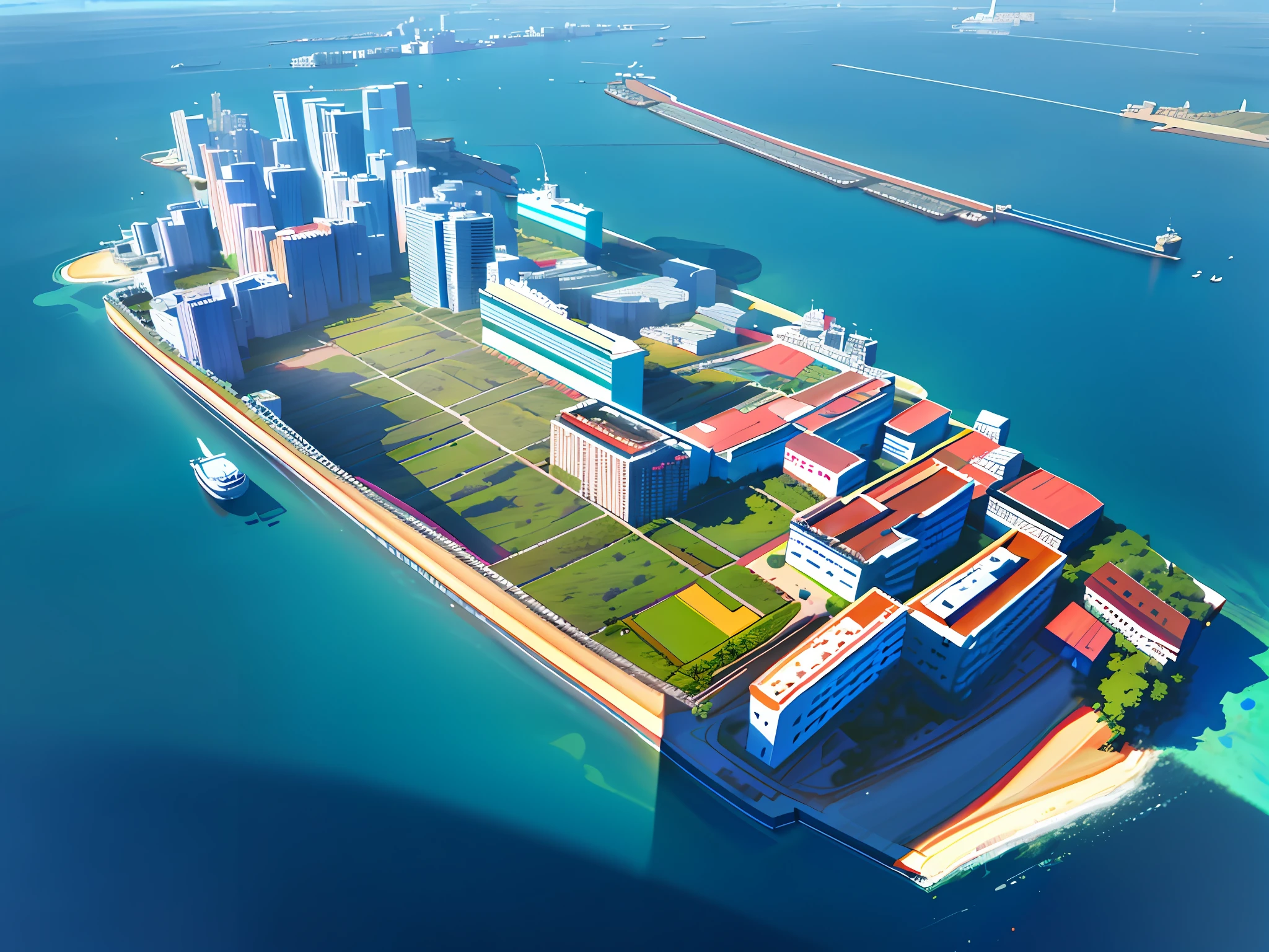 Photography, total area: aerial view of the island of 63000m2, isolated island with no land around, a cluster of skyscrapers covering the island, modern urban landscape, large ship harbor, beautiful yacht harbor, beautiful island with a white landscape all around, a large number of yachts floating in the sea. Photorealistic, Masterpiece, Best Quality, Ultra Detail, HDR, 8K