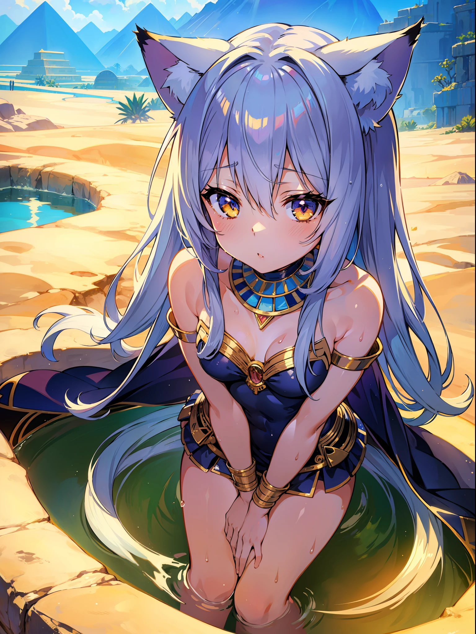 Masterpiece, top quality anime illustration, super detailed, one girl, solo focus, beautiful girl with silver hair cat ears, anime , cat ears loliigh emphasis, bastet costume, egyptian mythology, bathing in desert oasis, wet sheer