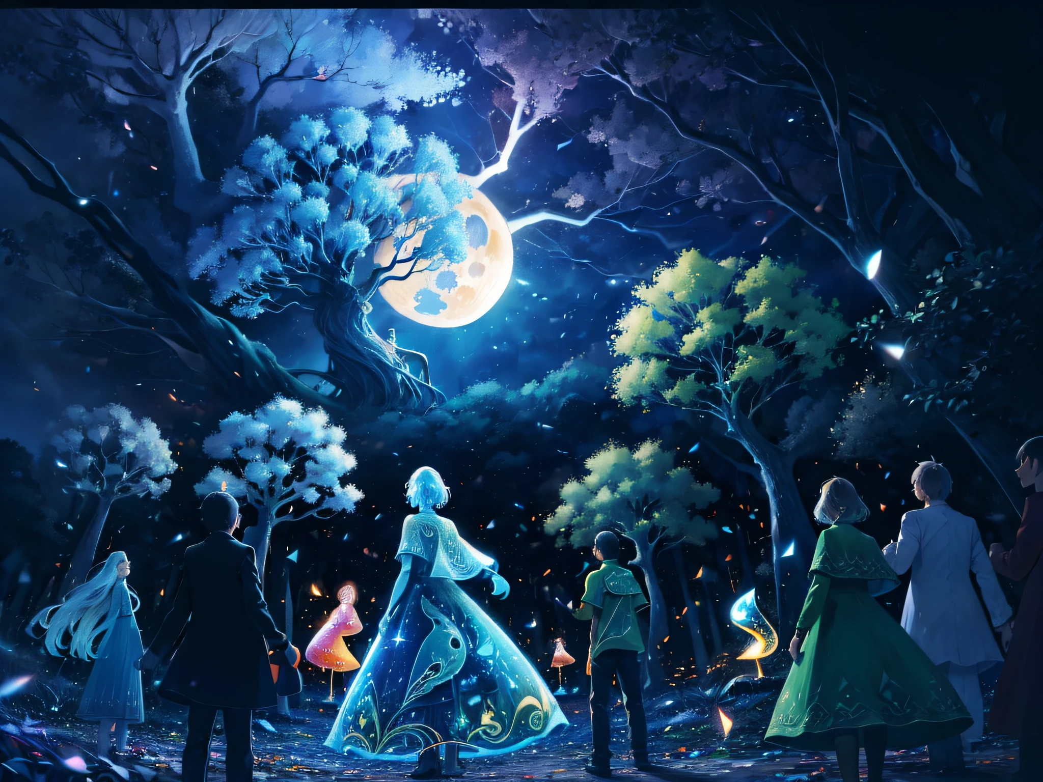 In a scene of best quality, masterpiece, 8k, and ultra detailed, at night time, with (the blue moon:1.3) shining the forest and a long shot, 50mm lens, BREAK (a boy:1.6) and (a swaying tree with psychedelic color:1.7) are talking in (a forest:1.6). BREAK The psychedelic tree is dancing and its body is (swaying:1.4).