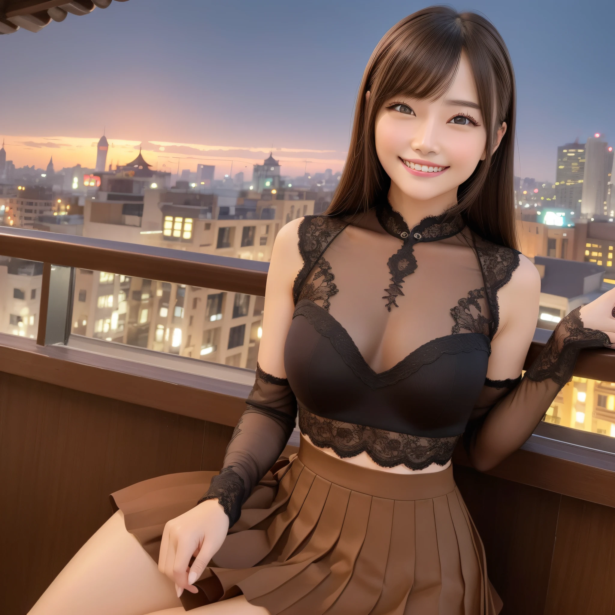 ((Midnight, Premium, 8K, Masterpiece: 1.3)), Full Body, Focal Length: 1.1, (Perfect Body Beauty: 1.4), Slim Abs: 1.1, ((Light Brown Hair, Medium Breasts: 1.2 )), (Tights: 1.1, Lace Pleated Skirt: 1.1), ((City View, Roof: 1.3)), Highly Detailed Facial and Skin Texture, Detailed Eyes, Double Eyelids, ((Chinese Girl)), ((((Happy Smile))))