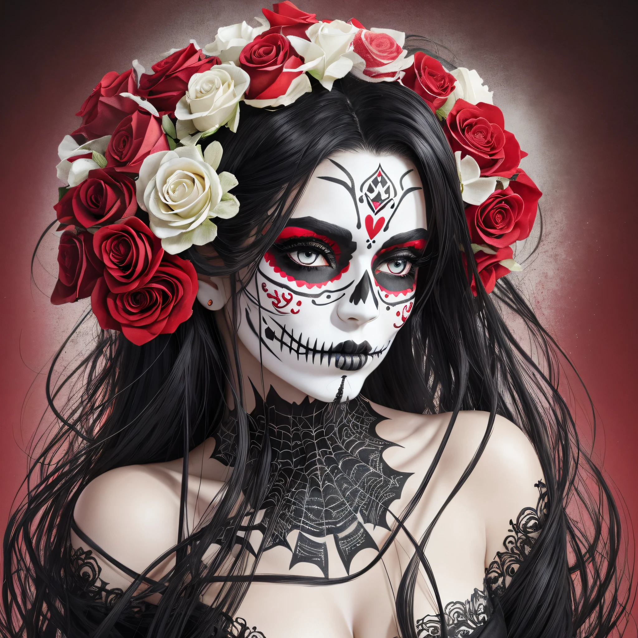 Hyper-realistic sculpture of a woman with a skull makeup and red roses in her hair, inspired by the Mexican tradition of Dia de los Muertos. The sculpture is made of resin and fiberglass, with synthetic hair and glass eyes. The woman has a serene and mysterious expression, her lips parted and her gaze fixed. Their skin is painted white, with designs of flowers, hearts and cobwebs in black, which mimic a skull. His nose is painted black, creating a shadow effect. Their cheeks are marked by red circles, which contrast with the white of the skin. Their eyes are outlined by black and white lines, which enhance their shape and color. His lips are painted red, with a detail of a spider in the lower right corner. Her hair is long and black, held in a high bun, adorned by artificial red roses, which symbolize life and death. The sculpture reproduces only the head and shoulders of the woman, in full size, with an incredible level of detail, which makes it seem that she is alive and ready to celebrate the Dia de los Muertos. The work is a tribute to Mexican culture and its way of dealing with death, in the style of Giovani Caramello. --auto --s2