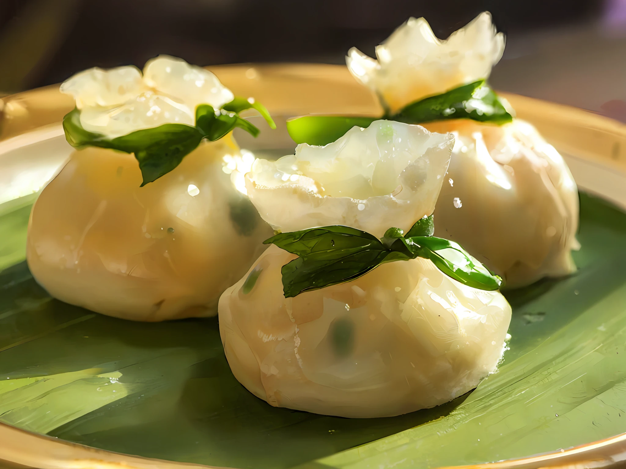 Pastry, oil light, steamed dumplings, siu mai, delicious, with shrimp inside. Delicious, Leafy, Delicious, Very Delicious, Colorful --v 6