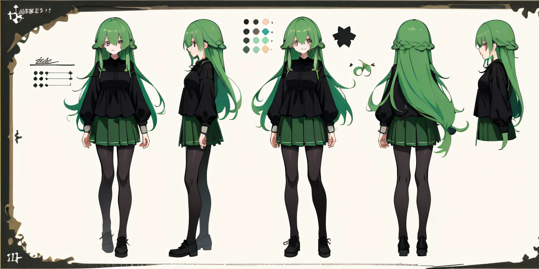 (Masterpiece:1.2), (Best Quality:1.3), Cute, 1 Girl, Long Green Hair, Black Blouse, Skirt, Hidden Left Eye, Character Sheet, Concept Art Full Body, Long Hair