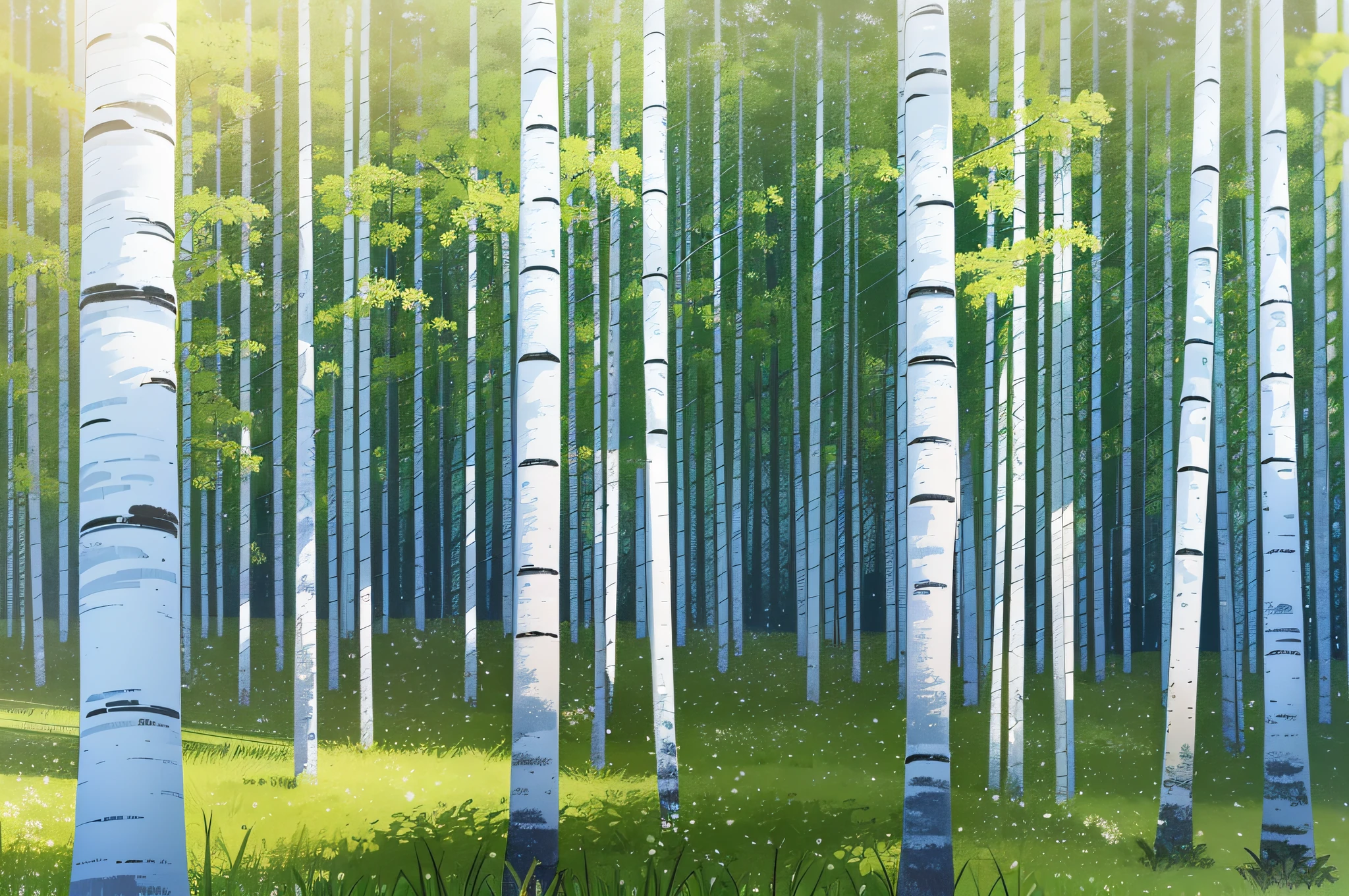 there are many trees that are growing in the grass, birch trees, birches, birch forest clearing, betula pendula, birch, linden trees, heavy birch forest, aspen grove in the background, soft forest background, green trees, in a background green forest, bright nordic forest, birch swamp, nature trees, green forest, canvas print, woody foliage --auto --s2
