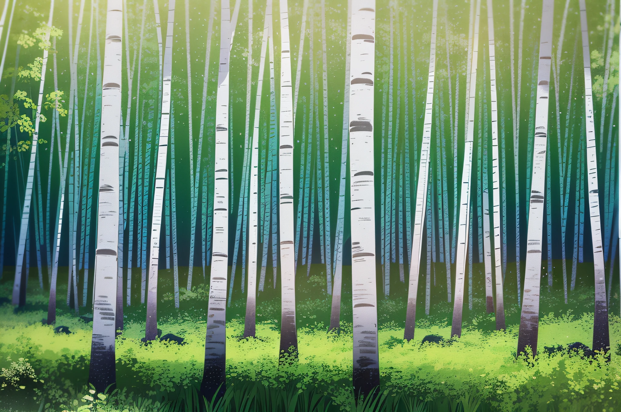 there are many trees that are growing in the grass, birch trees, birches, birch forest clearing, betula pendula, birch, linden trees, heavy birch forest, aspen grove in the background, soft forest background, green trees, in a background green forest, bright nordic forest, birch swamp, nature trees, green forest, canvas print, woody foliage --auto --s2