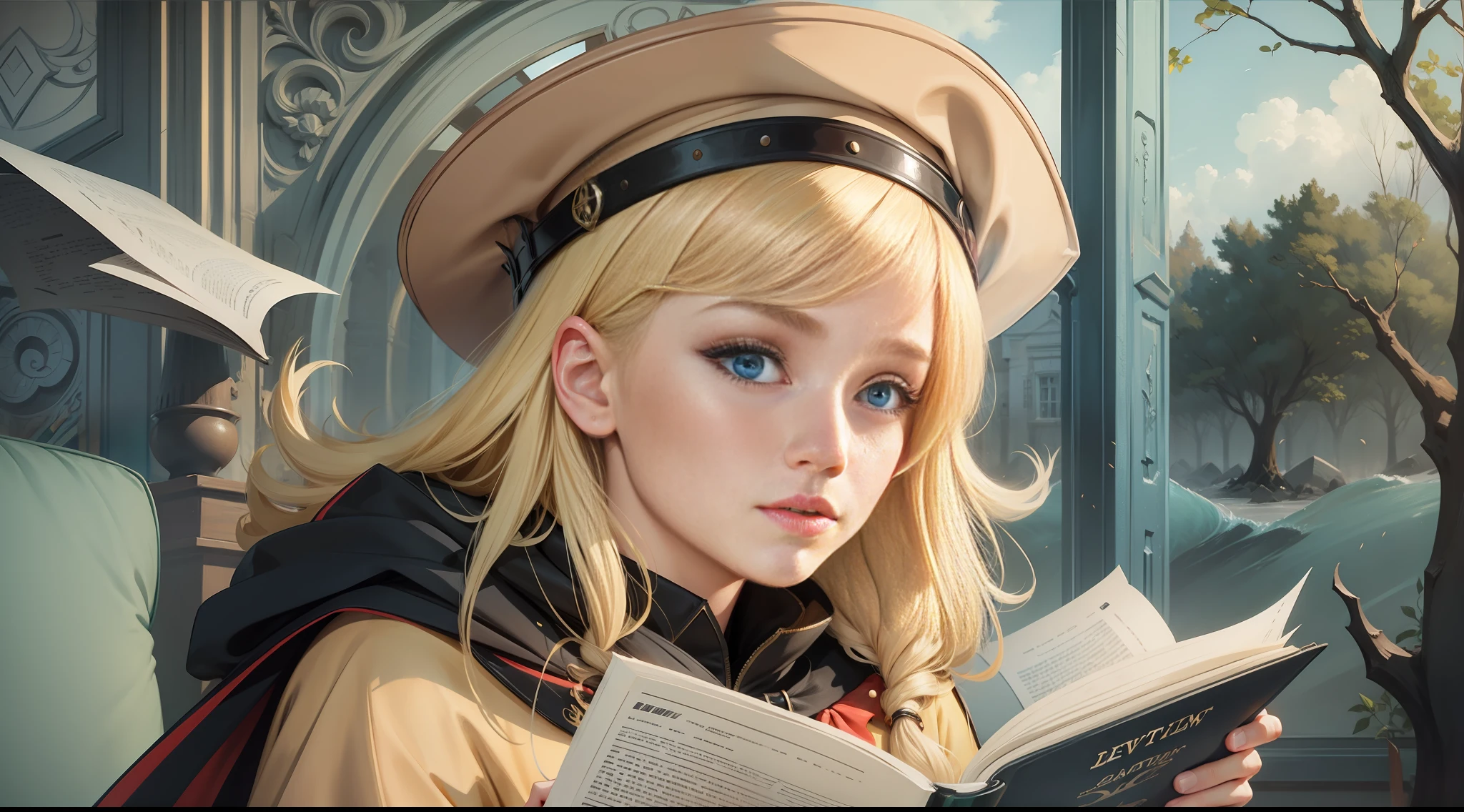 Girl, blonde, reading, thinking, hat, cape