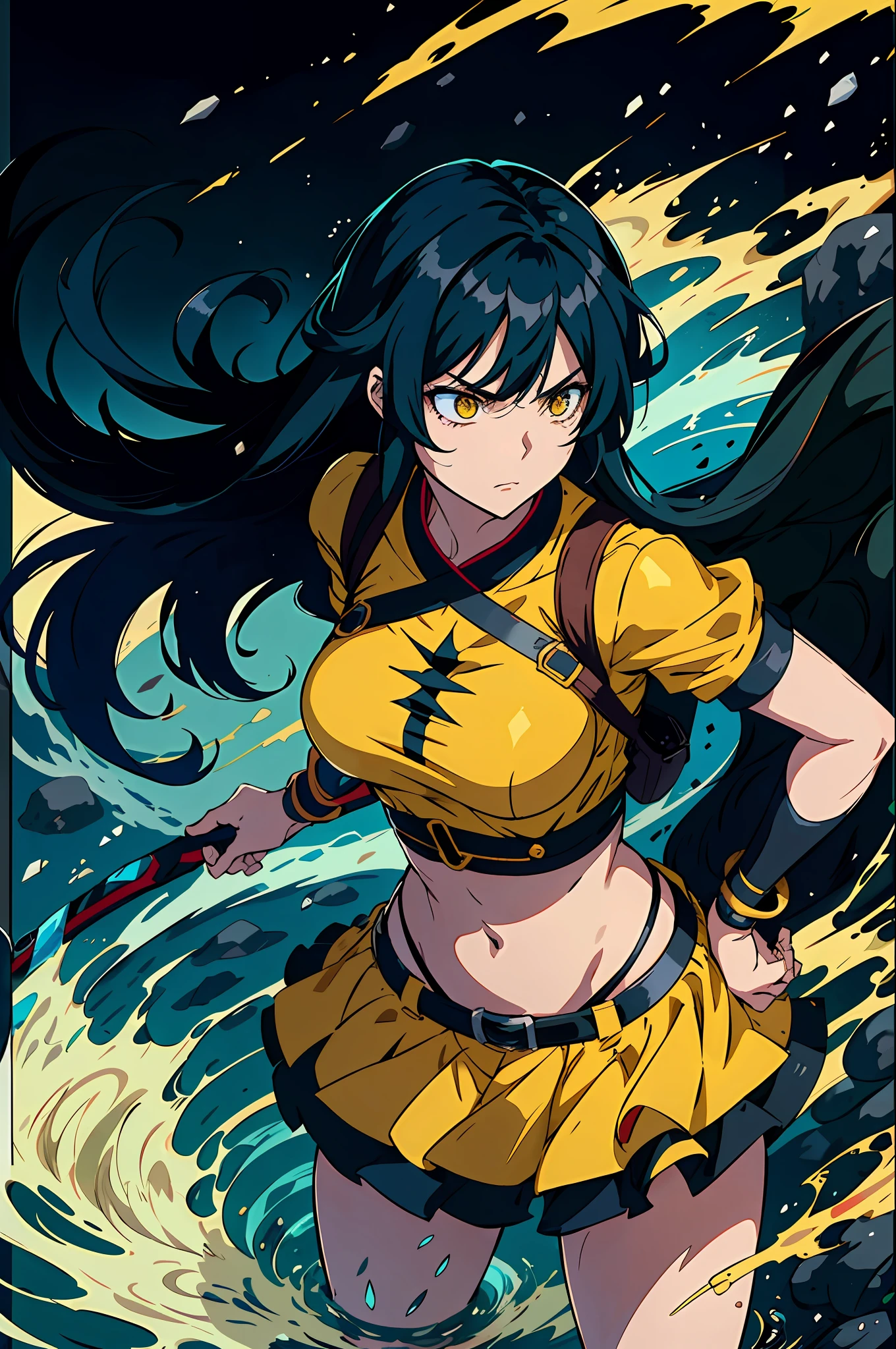 anime girl with long black hair and a yellow top, konosuba anime style, anime moe artstyle, aqua from konosuba, konosuba, marin kitagawa fanart, anime waifu, fierce expression 4k, senna from league of legends, waifu, ecchi anime style, the godess hera looking angry, portrait of a female anime hero