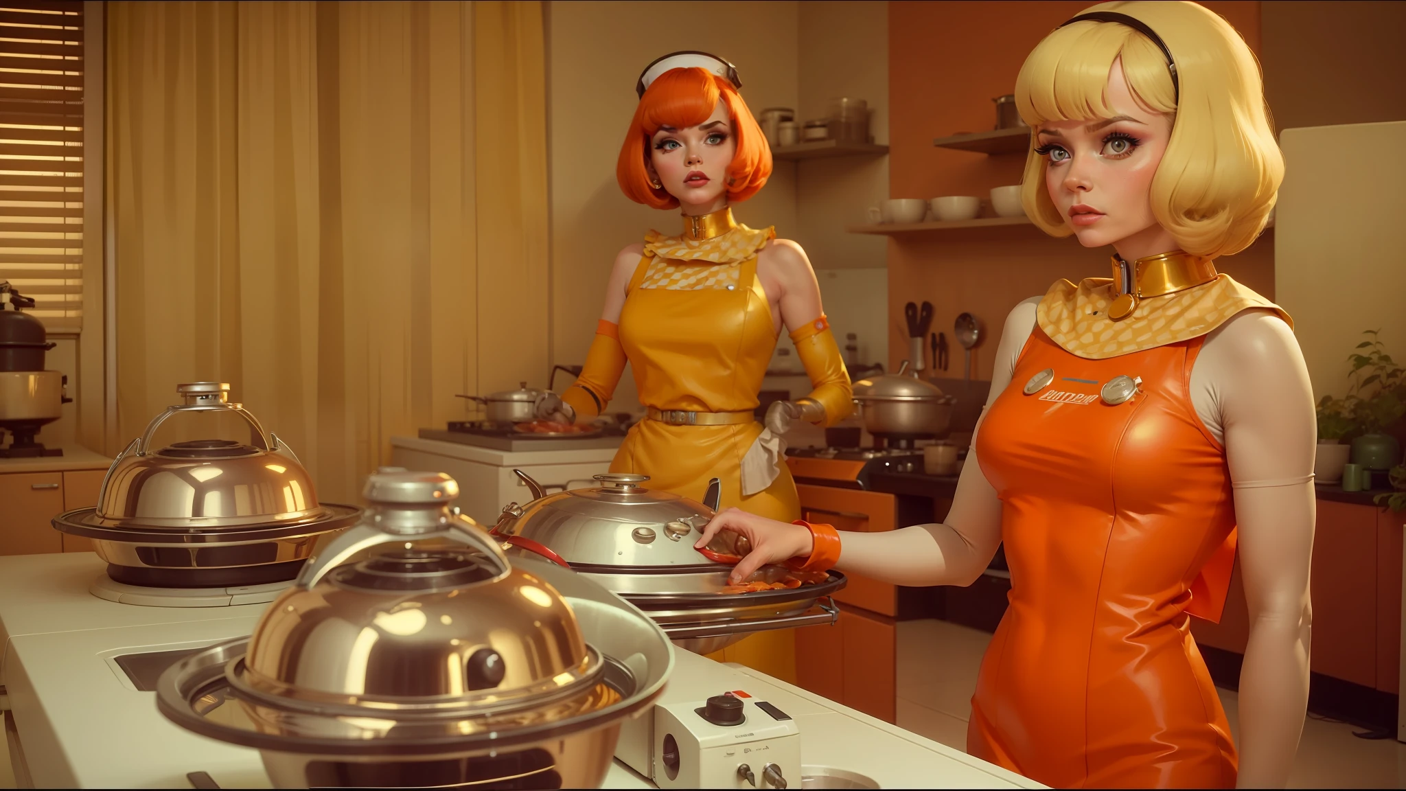 there are two women in a kitchen preparing food on a table, retrofuturistic depressing, mars attacks, retro 6 0 s fashion, futuristic cloning facility, jenny seville, sunny complementary palette, golden collar, mechabot, still from l'estate, grills, spinning --auto --s2