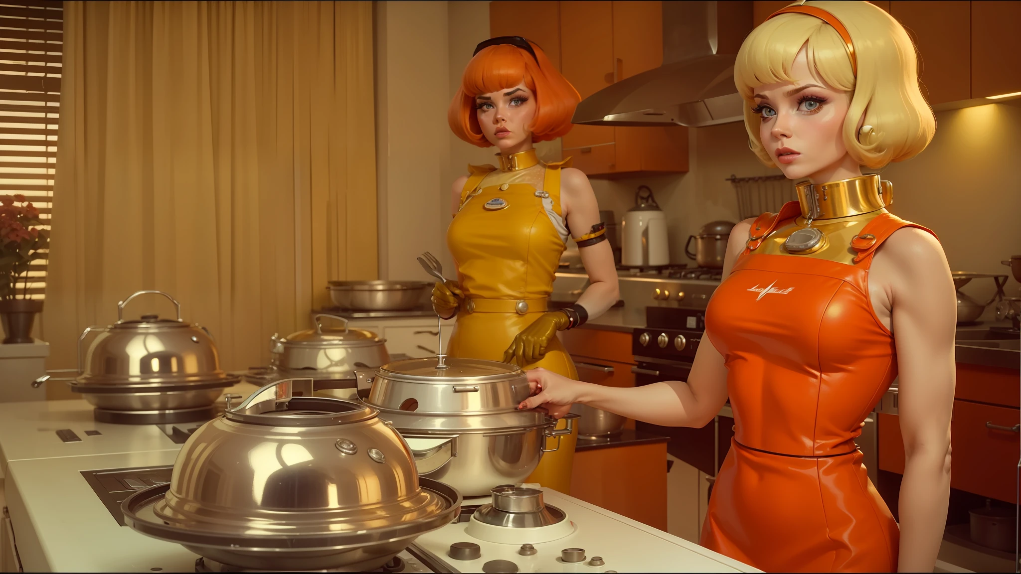 there are two women in a kitchen preparing food on a table, retrofuturistic depressing, mars attacks, retro 6 0 s fashion, futuristic cloning facility, jenny seville, sunny complementary palette, golden collar, mechabot, still from l'estate, grills, spinning --auto --s2