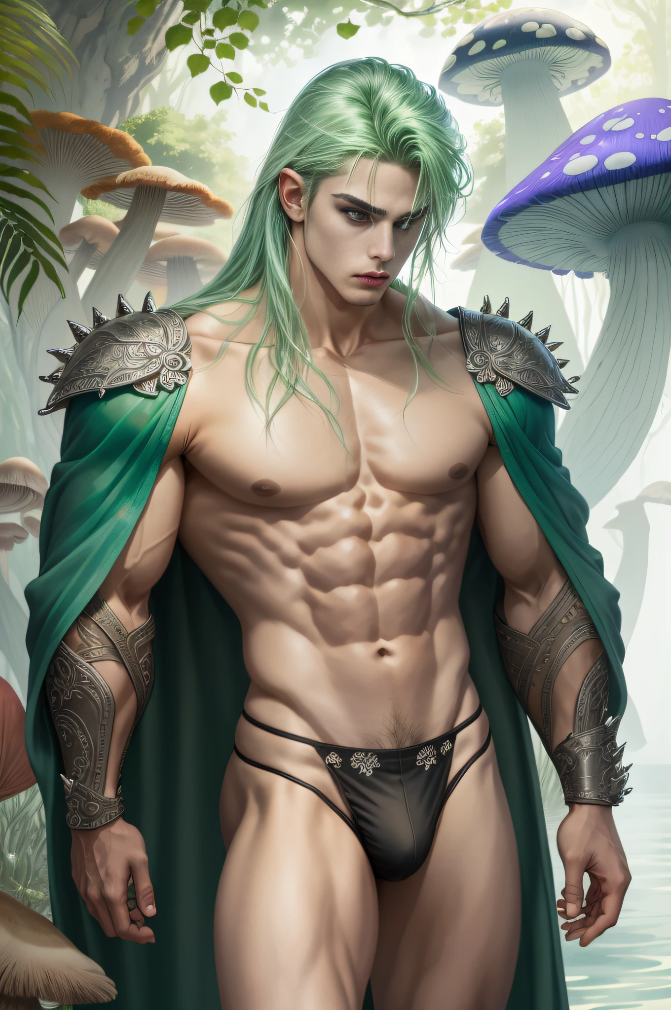 (masterpiece, best quality), man, wearing micro thong, see-through thong , mushroom water world, wide angle, athletic body, male, iridescent skin, flat chest, silver eyes, green hair styled in spikes, determined expression, bioluminescent lighting, small waist, broad chest, big mane, slim scruffy, muscular , illustration, watercolor ink sketch, (best quality)), intricate detailed,solo, masterpiece,