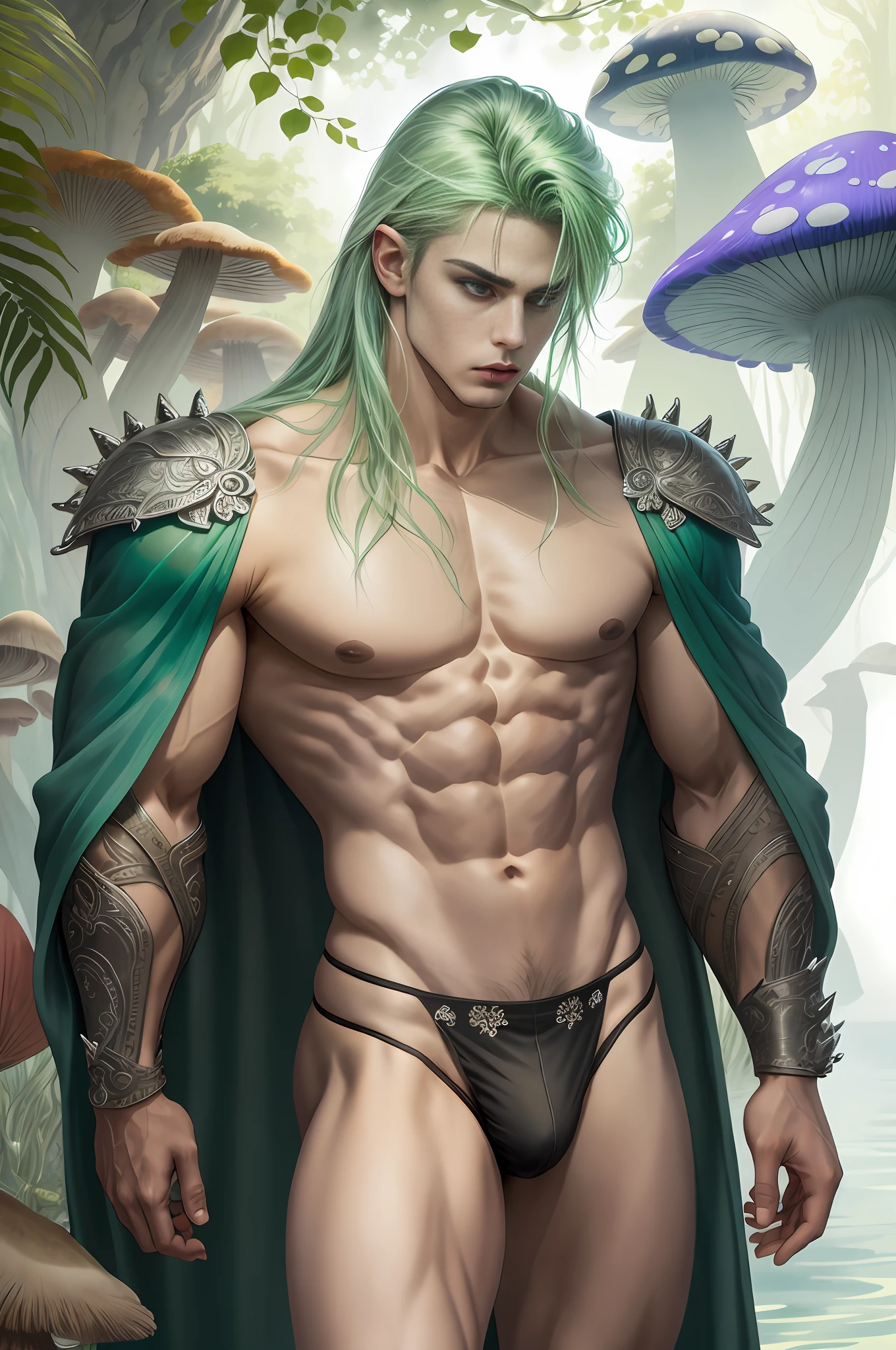 (masterpiece, best quality), man, wearing micro thong, see-through thong , mushroom water world, wide angle, athletic body, male, iridescent skin, flat chest, silver eyes, green hair styled in spikes, determined expression, bioluminescent lighting, small waist, broad chest, big mane, slim scruffy, muscular , illustration, watercolor ink sketch, (best quality)), intricate detailed,solo, masterpiece,