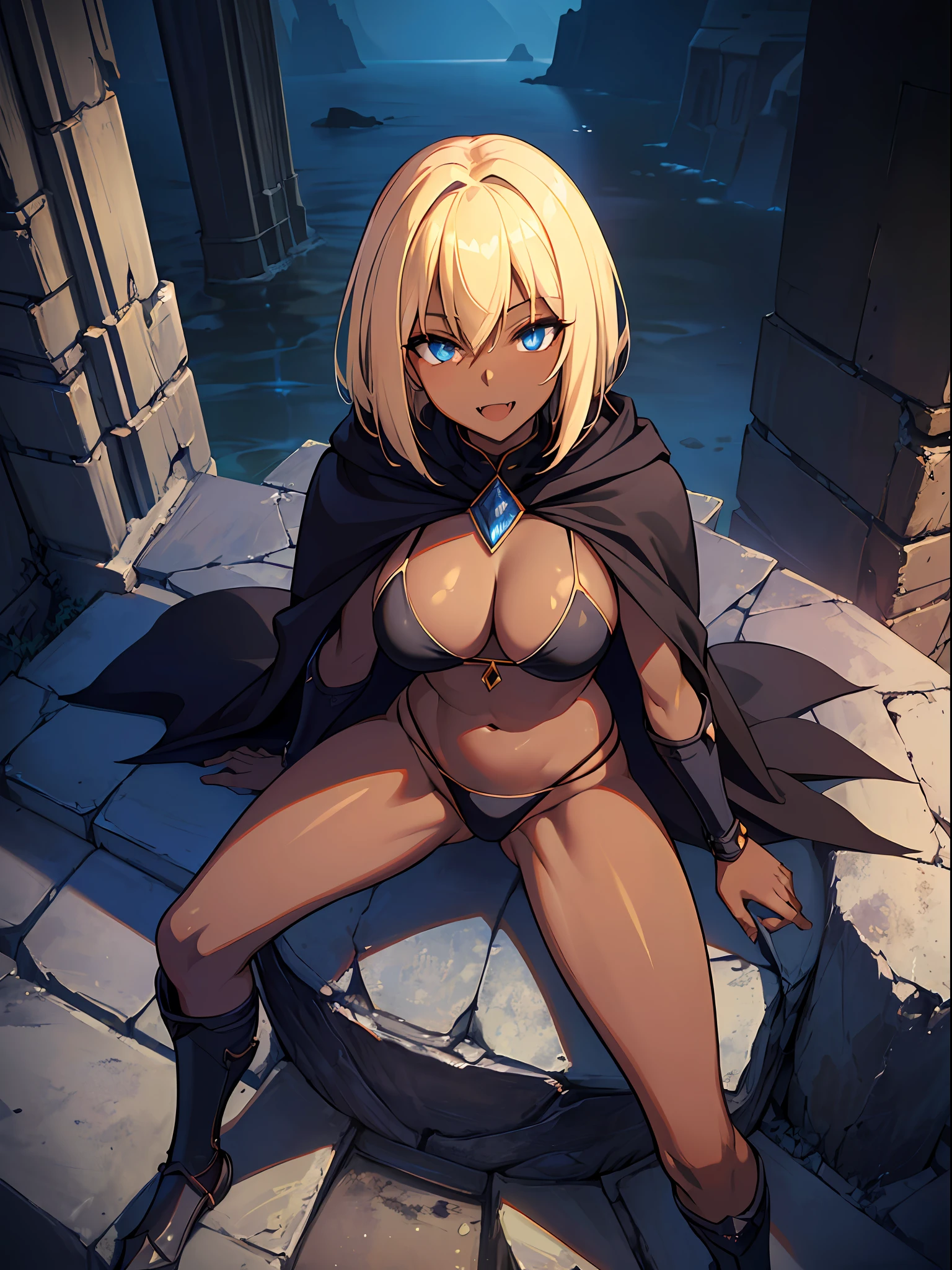 (Masterpiece, best quality, high resolution, perfect ???????), (extremely detailed face) (beautiful detailed eyes), (1 woman),(dark skin:1.2), (blond short hair, with a asymmetrical bob), tall stature, (toned, slender), huge breast, (blue eyes), (black triangle bikini, micro bikini, Low Rise Bikini), Armature, looking at viewer, (smile:1.2)(happy:1.2), perfect lighting, cinematic lighting, dynamic lighting, open mouth, (skin fang), (spread legs:1.2), (sit astride), (girl on top),(Fantasy-style black knight commander's cloak), (worn black iron leg armor),(from above:1.2), (dark ruins landscape), a castle in the middle of a lake,