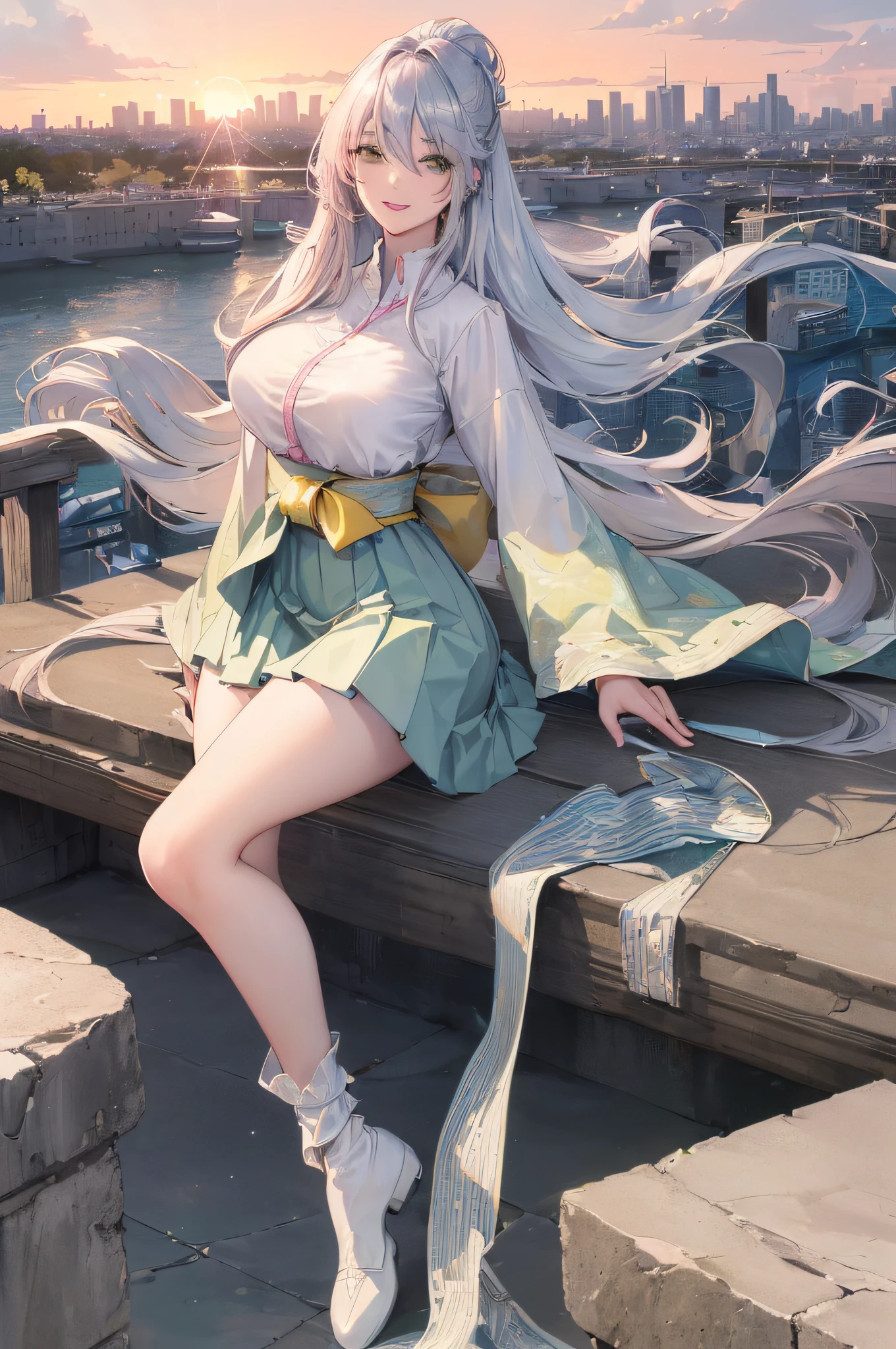 official art, masterpiece, sharp focus, (beautiful gorgeous cute Korean woman:1.3), (beautiful cute korean:1.3), korean beauty, Delicate and beautiful hair and eyes and face, realistic, ultra detailed, beautiful girl, blue sky, glow white particle, (sidelighting:1.2), sun light, white cloud, detailed clouds, slender, Lovely very large breasts and very large hips, smile with teeth, ((smile with eyes, open both eyes)), scenery, long straight hair, sexy facial expression, building, (cityscape:1.7), dynamic hair, very long straight hair, detailed platinum silver hair, glow green eyes, (pink pleated shirts + yellow skirt), white long socks, pale skin, hair ornament, epic scenery,
