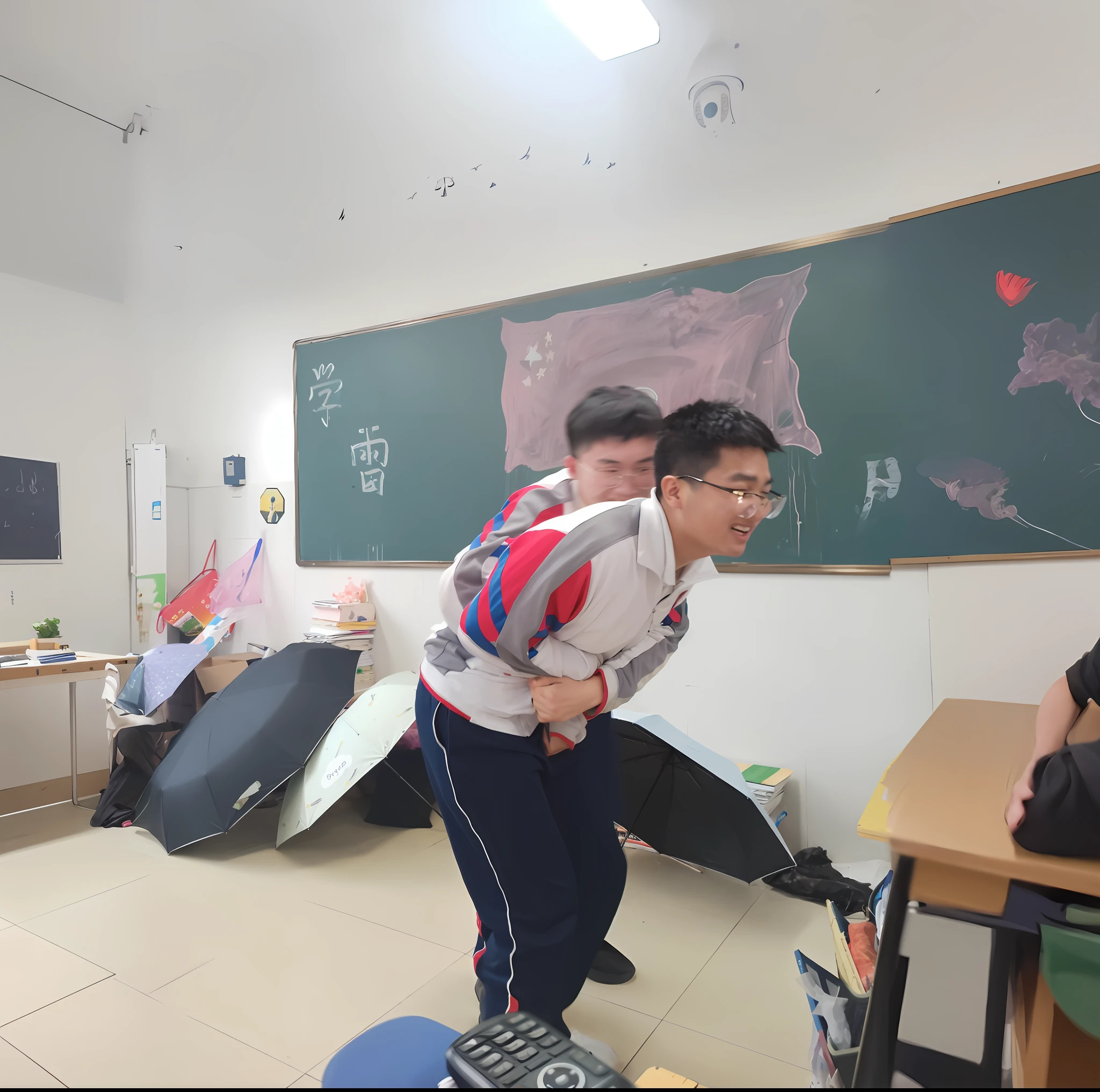 there are two men standing in a room with umbrellas, ruan jia and fenghua zhong, teacher, in a school classroom, in a classroom, student, standing in class, ruan jia and brom, school class, inspired by Zhang Zongcang, 中 元 节, hugging each other, dramatic shot
