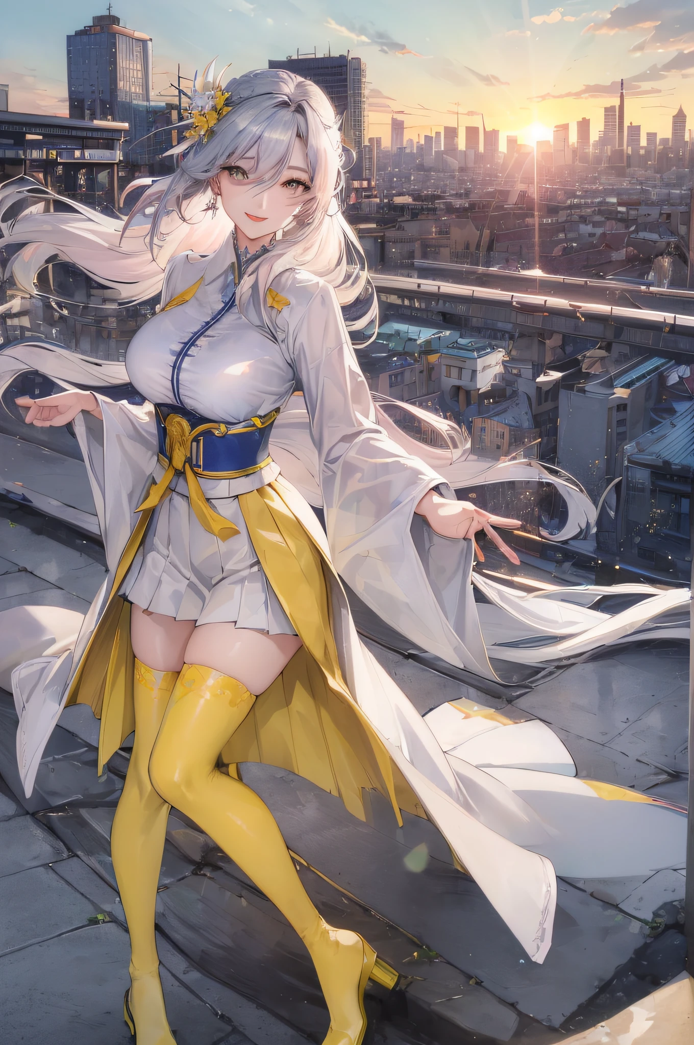 official art, masterpiece, sharp focus, (beautiful gorgeous cute Korean woman:1.3), (beautiful cute korean:1.3), korean beauty, Delicate and beautiful hair and eyes and face, realistic, ultra detailed, beautiful girl, blue sky, glow white particle, (sidelighting:1.2), sun light, white cloud, detailed clouds, slender, Lovely very large breasts and very large hips, smile with teeth, ((smile with eyes, open both eyes)), scenery, long straight hair, sexy facial expression, building, (cityscape:1.7), dynamic hair, very long straight hair, detailed platinum silver hair, glow green eyes, (pink pleated shirts + yellow skirt), white long socks, pale skin, hair ornament, epic scenery,