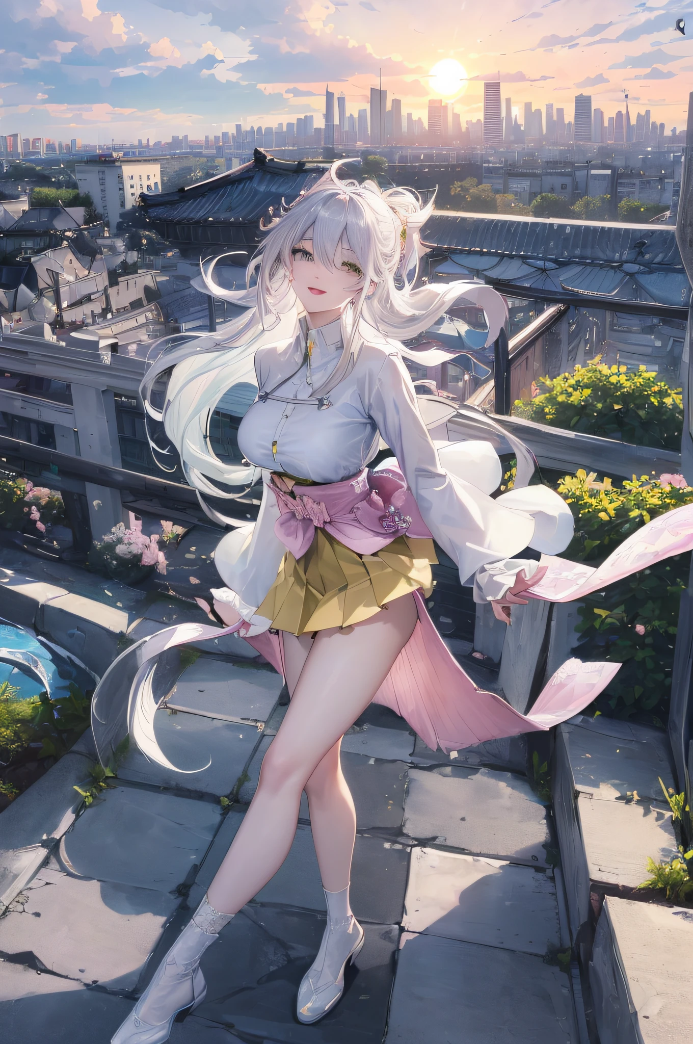 official art, masterpiece, sharp focus, (beautiful gorgeous cute Korean woman:1.3), (beautiful cute korean:1.3), korean beauty, Delicate and beautiful hair and eyes and face, realistic, ultra detailed, beautiful girl, blue sky, glow white particle, (sidelighting:1.2), sun light, white cloud, detailed clouds, slender, Lovely very large breasts and very large hips, smile with teeth, ((smile with eyes, open both eyes)), scenery, long straight hair, sexy facial expression, building, (cityscape:1.7), dynamic hair, very long straight hair, detailed platinum silver hair, glow green eyes, (pink pleated shirts + yellow skirt), white long socks, pale skin, hair ornament, epic scenery,