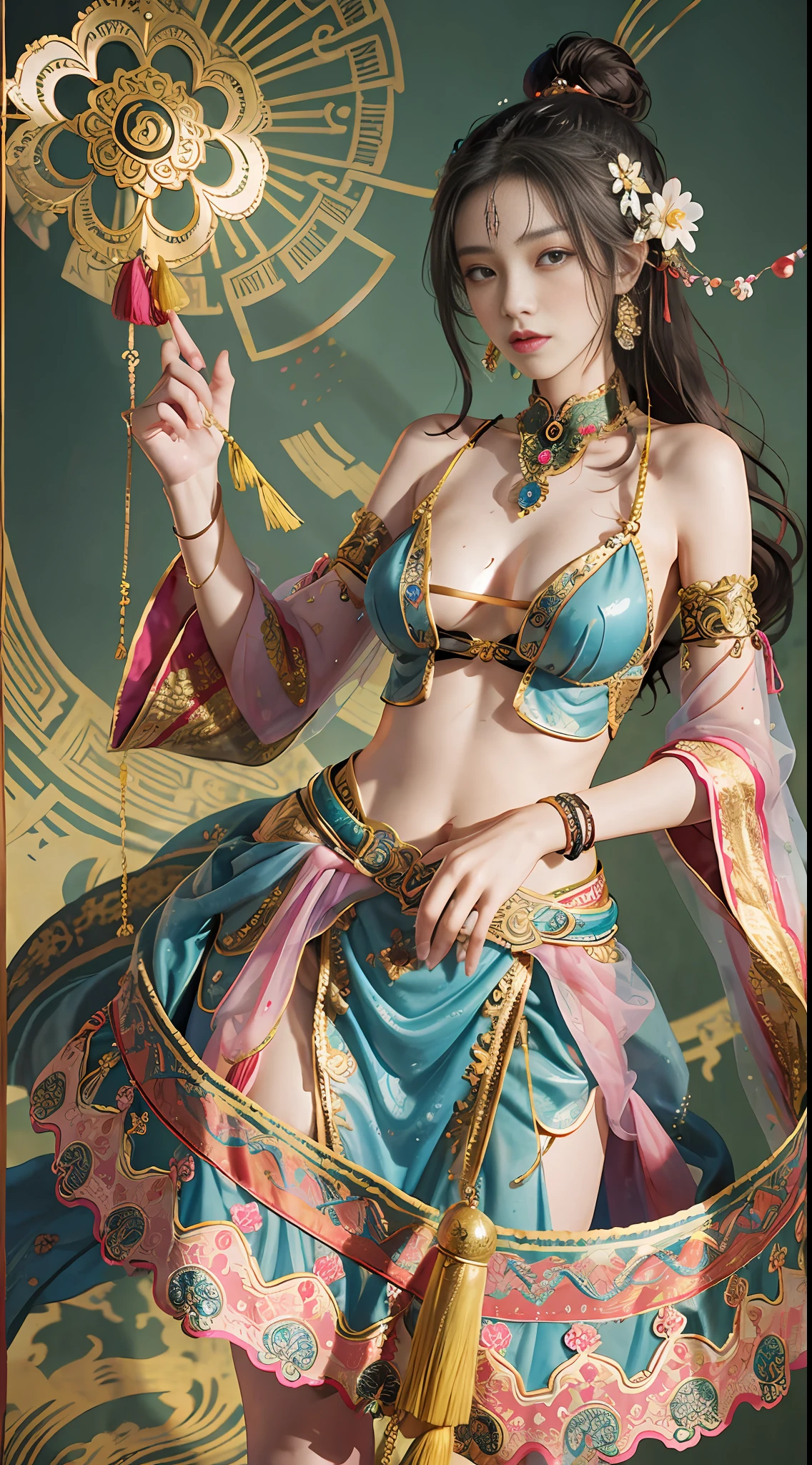 An ancient Chinese beauty with gorgeous costumes embroidered with intricate embroidery, with transparent colorful streamers tied around her arms, flowing, showing her navel, bare shoulders, open neck with buns, flower hairpins, armbands tied with streamers, bracelets, anklets , with metal chain tassels around the waist, Mogao Grottoes art, Dunhuang Flying Apsaras mural inspiration, ink wash, cgstation popular --v 6
