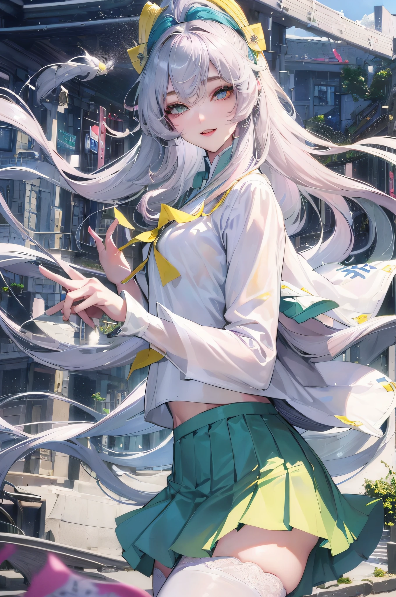 official art, masterpiece, sharp focus, (beautiful gorgeous cute korean woman:1.3), (beautiful cute korean:1.3), Korean beauty, delicate beautiful hair and eyes and face, realistic, super detailed, beautiful girl, blue sky, glowing white particles, (side light:1.2), sunlight, white clouds, detailed clouds, slender, cute girl, smile with teeth, ((smile with eyes, open eyes)), landscape, long straight hair, sexy facial expression, architecture, (City view: 1.7), Dynamic hair, Very long straight hair, Detailed platinum silver hair, Glowing green eyes, (pink pleated shirt + yellow skirt), White stockings, Pale skin, Hair accessories, Epic landscape,
