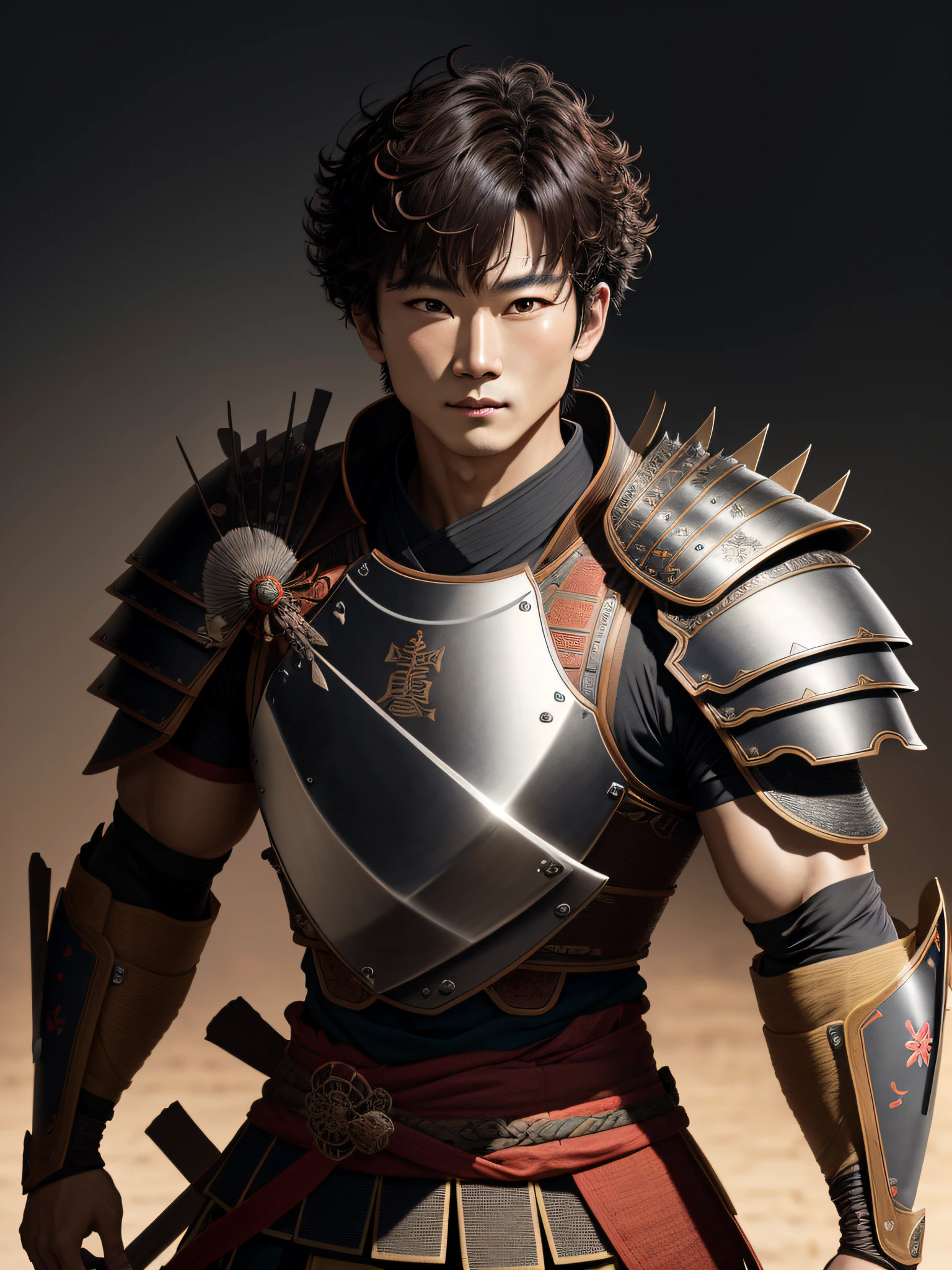 Jeon Jung-kook the Singer, 1 Warrior man in Japanese castle, wearing samurai armor, short curly hair, drop shadow, halftone, vanishing point, diffraction spikes, f/1.8, Nikon, high detail, UHD, masterpiece, best quality, highres, 16k.