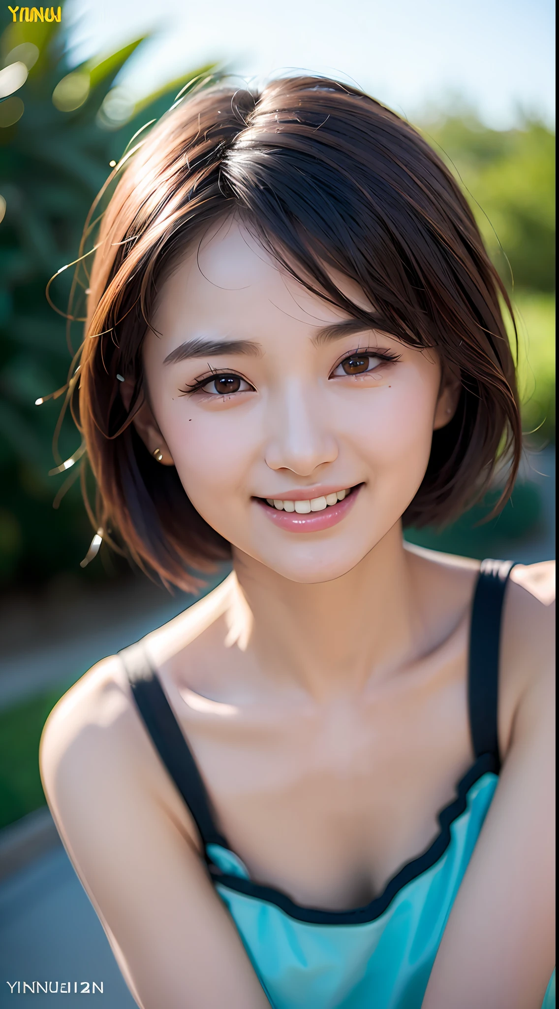 (yinchuan:1.5), close-up, masterpiece, best quality, raw photo, photorealistic, big, tank top, skirt, beautiful face, smiling girl, cute, short hair, depth of field, high resolution, ultra detail, fine detail, very detailed, highly detailed eyes and face, sharp pupils, realistic pupils,