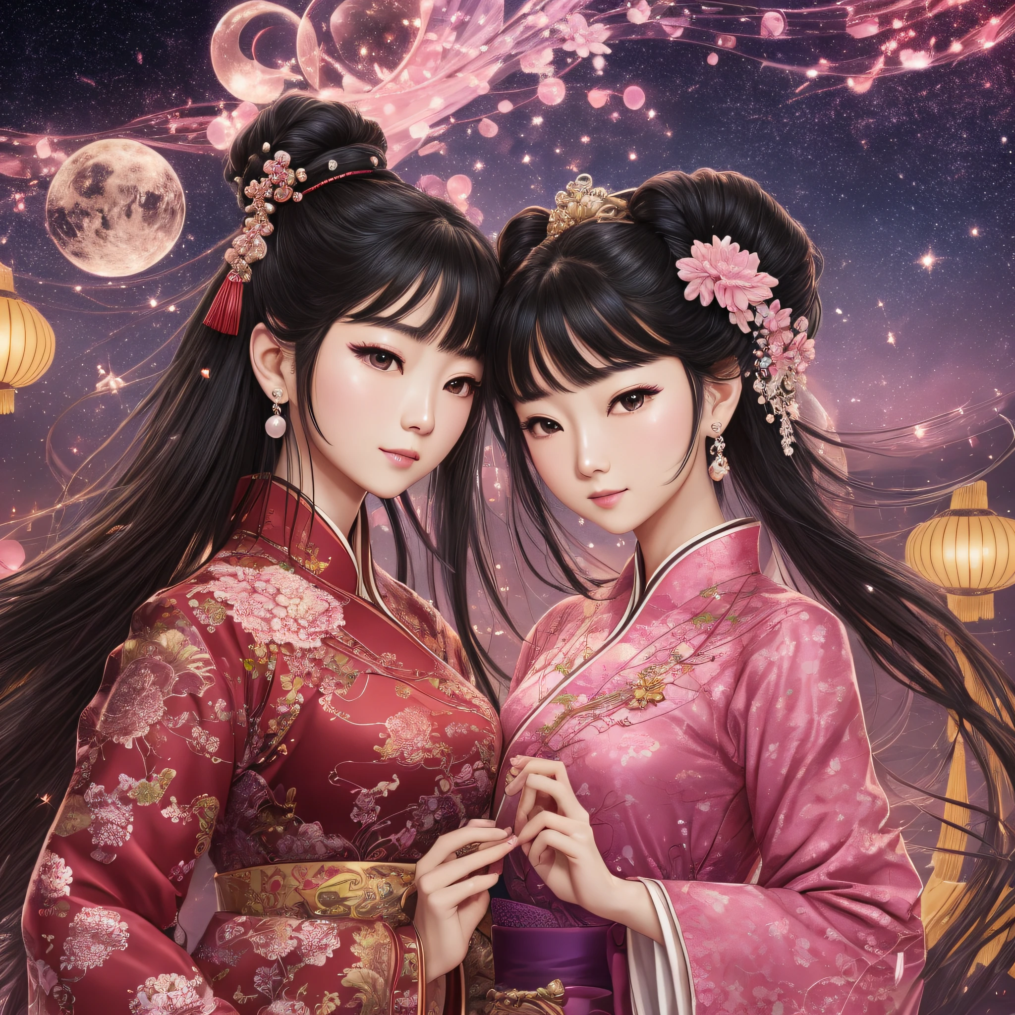 CG Unity 8K wallpaper with high quality and very detail, "Two beautiful and graceful Japan women are wearing china clothes", Dynamic angle, Dynamic pose, (2girl), beautiful face, black hair, pearl head accessories, night city scene, red, pink, blue lights, sepia, bokeh, starry sky, milky way. --auto --s2