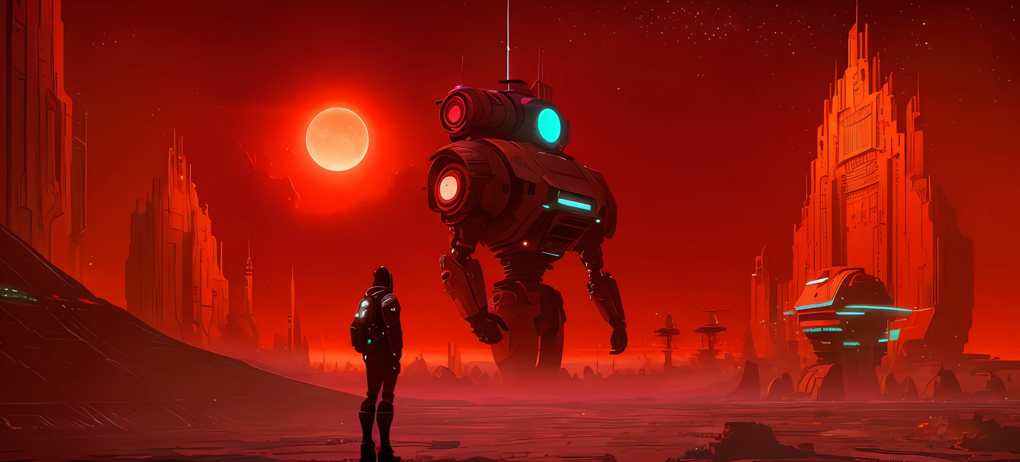 futuristic city with a giant robot in the middle of a red sky, greg beeple, by Christopher Balaskas, beeple and tim hildebrandt, artgem and beeple masterpiece, sci - fi illustrations, sci-fi illustrations, sci-fi space game art, sci-fi art, sci - fi art, sci-fi digital art