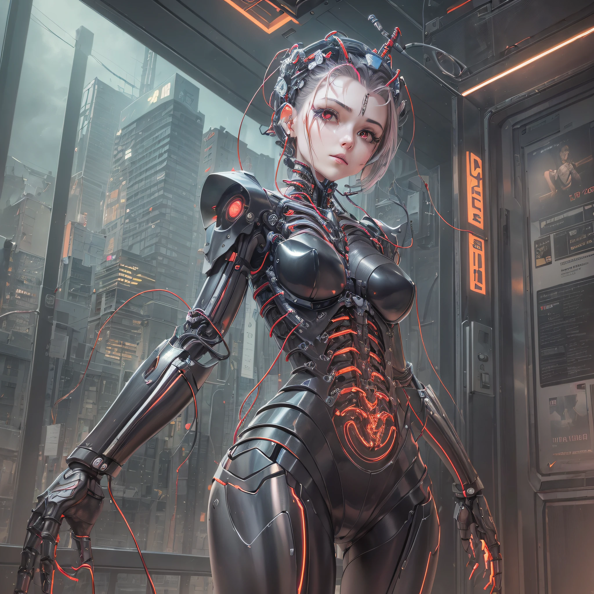 (((masterpiece))), ((best quality)), ((ultra-detailed)), (CG illustration), (an extremely devious and beautiful)), cinematic light, ((1 mechanical girl)), single, full, (machine-made joints: 1.4), ((mechanical limb)), ( blood vessels attached to the tube), ((mechanical spine attached to the back)), ((mechanical cervical vertebrae attached to the neck), ((combat stance)), expressionless, (wires and cables attached to the head and body: 1.5), (character focus), science fiction, apocalypse, glow --auto --s2