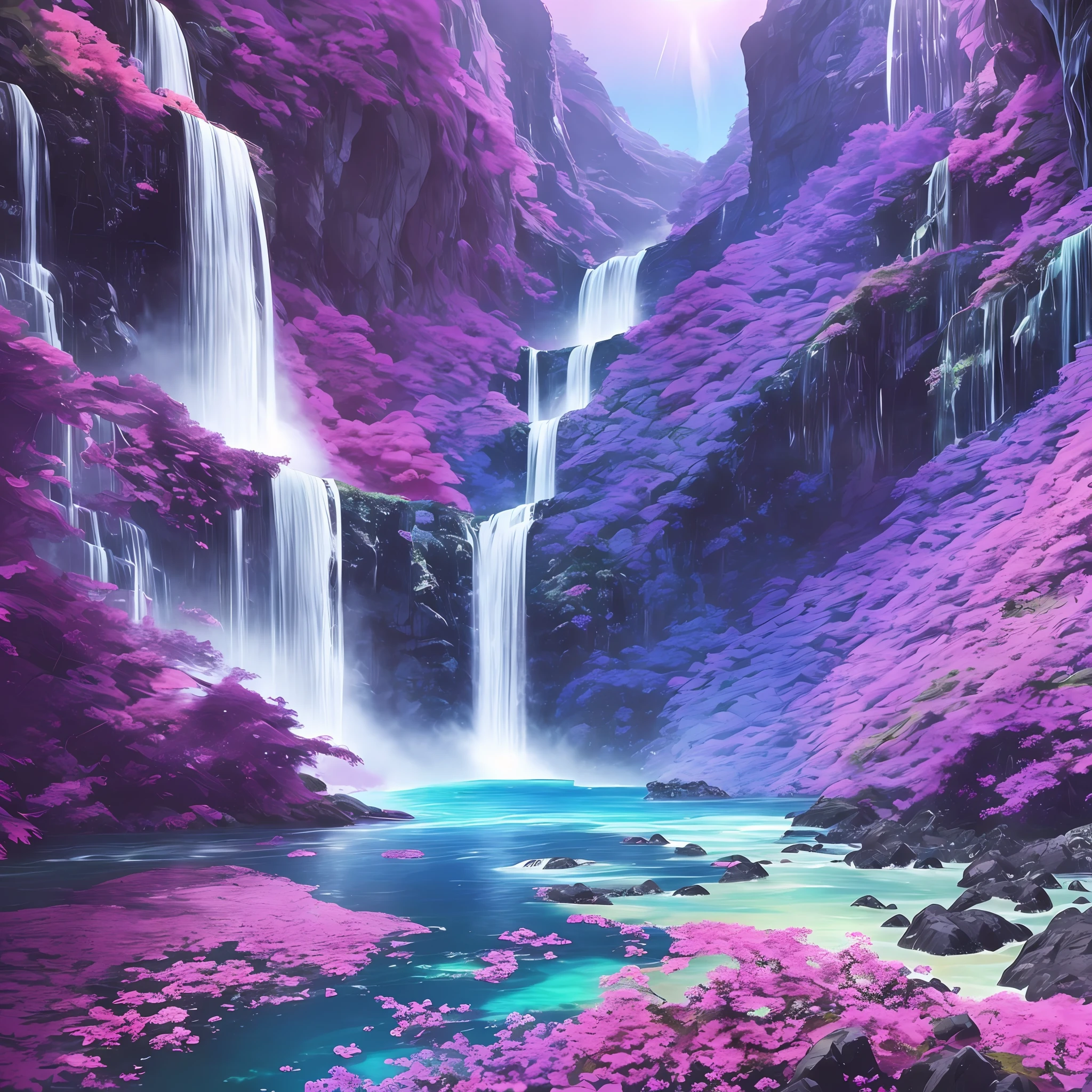 Picture a massive waterfall where the water flows in cascades of swirling colors, resembling a mesmerizing galaxy. The water would shimmer with shades of purple, blue, and pink, creating a surreal and enchanting spectacle. --auto --s2